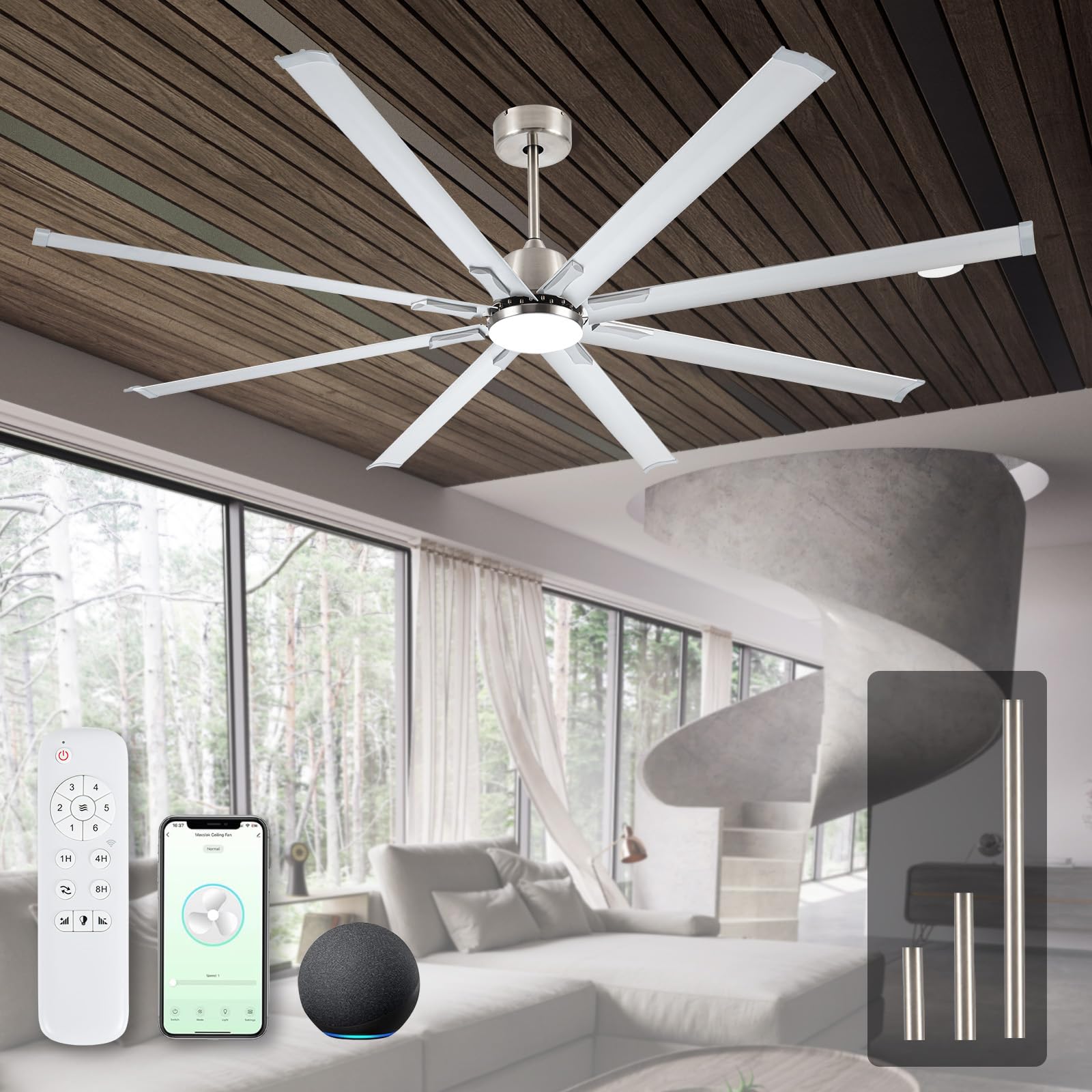 84" industrial Ceiling Fans with Light,Large Ceiling Fan with Modern 8 Aluminum Blades