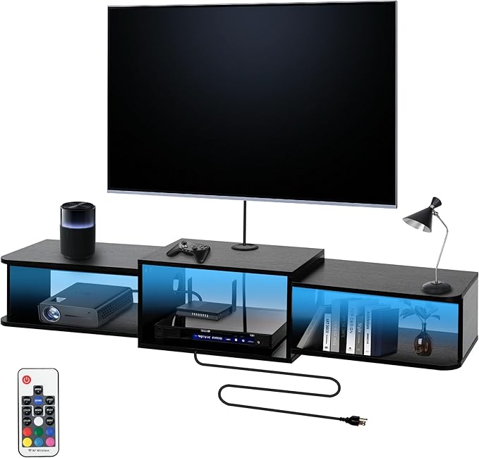 Mounted Floating TV Stand with LED Lighting, Modern Wooden Media Console