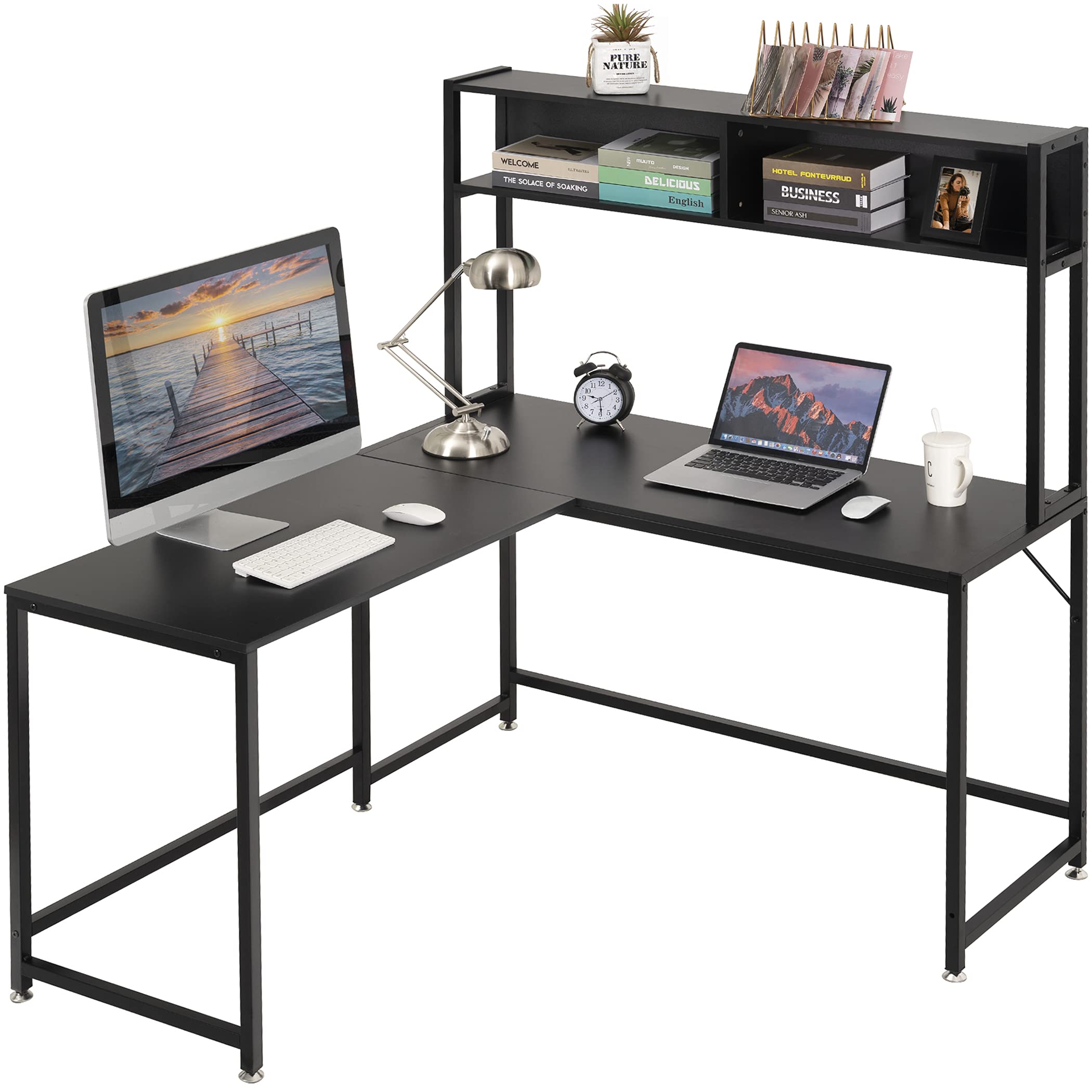 L Shaped Desk with Hutch, 56 Inch Corner Computer Desk
