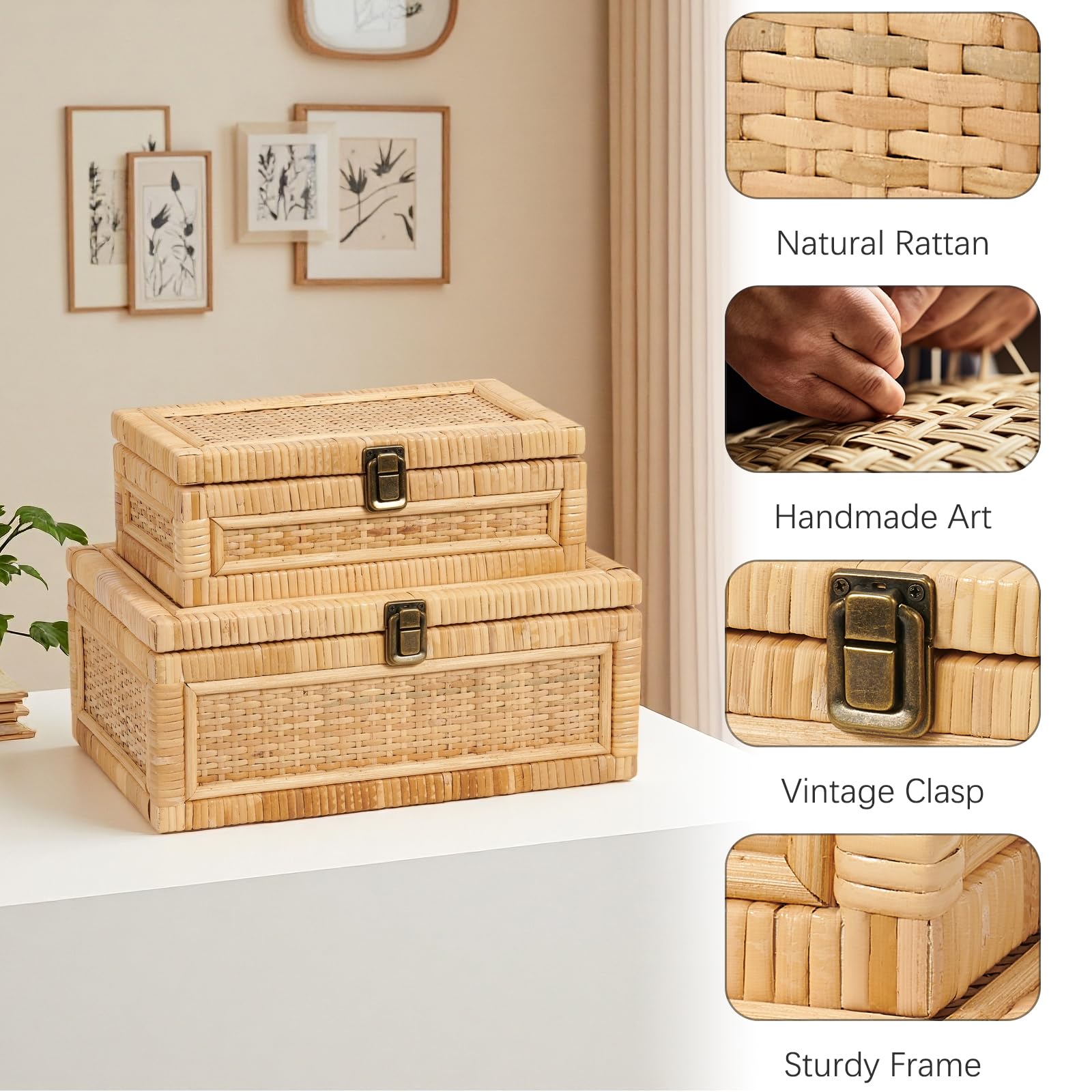 Rattan Box with Lid Decorative Natural Handmade Boho Rattan Baskets Woven
