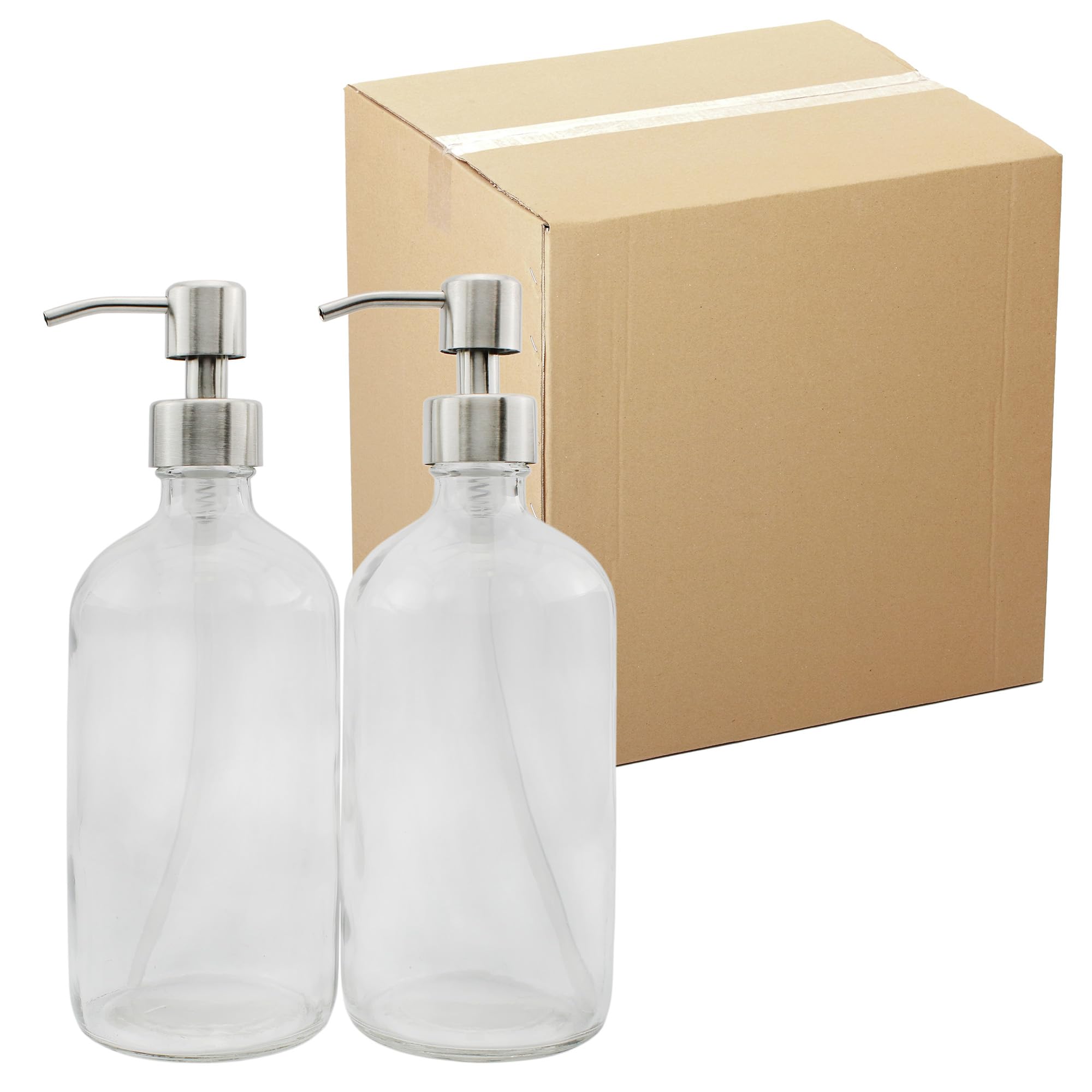 16-Ounce Clear Glass Bottles w/Stainless Steel Pumps (20 Pack), Soap Dispenser