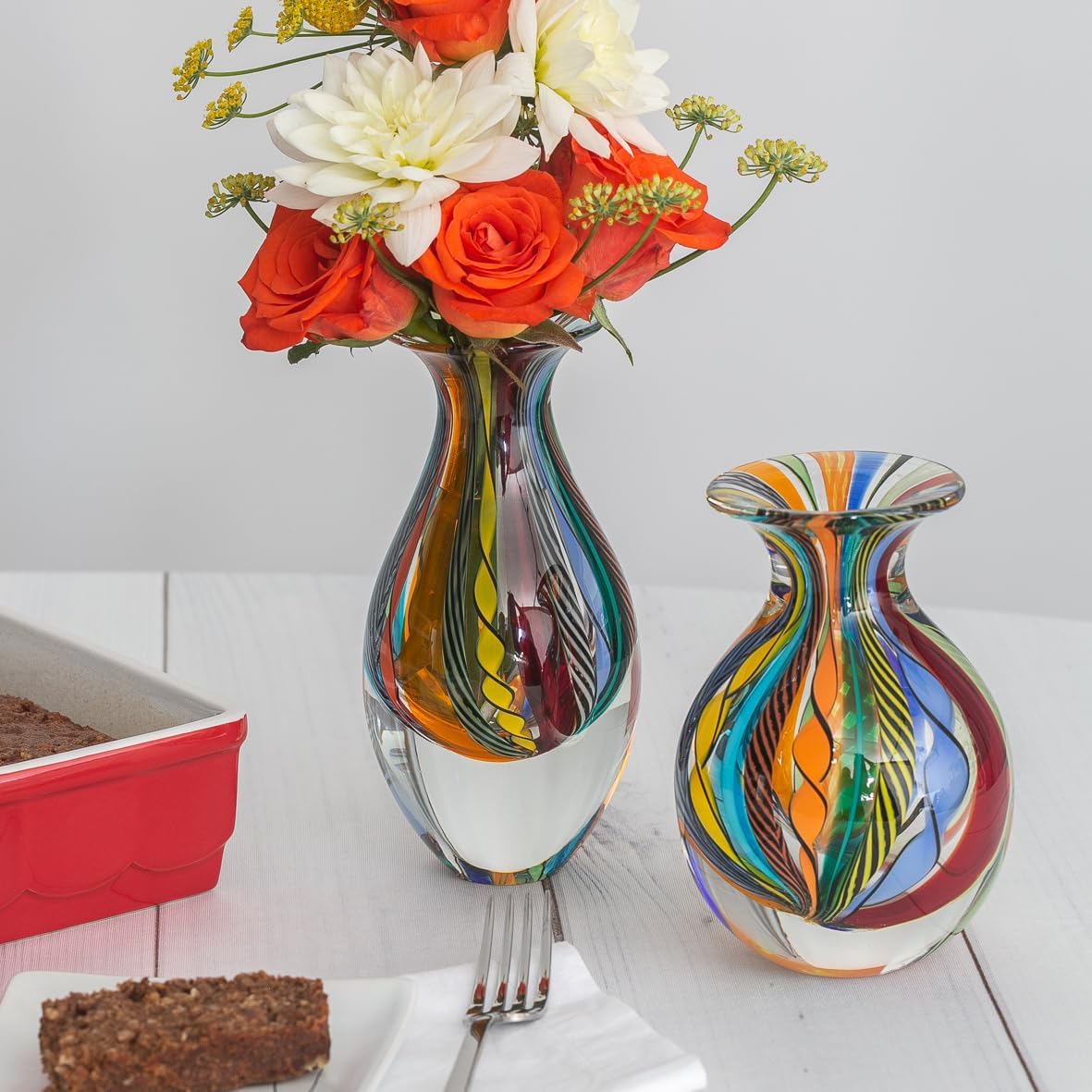 Glass Vase Boho with Colored Canes Hand Blown Murano-Style Art Glass