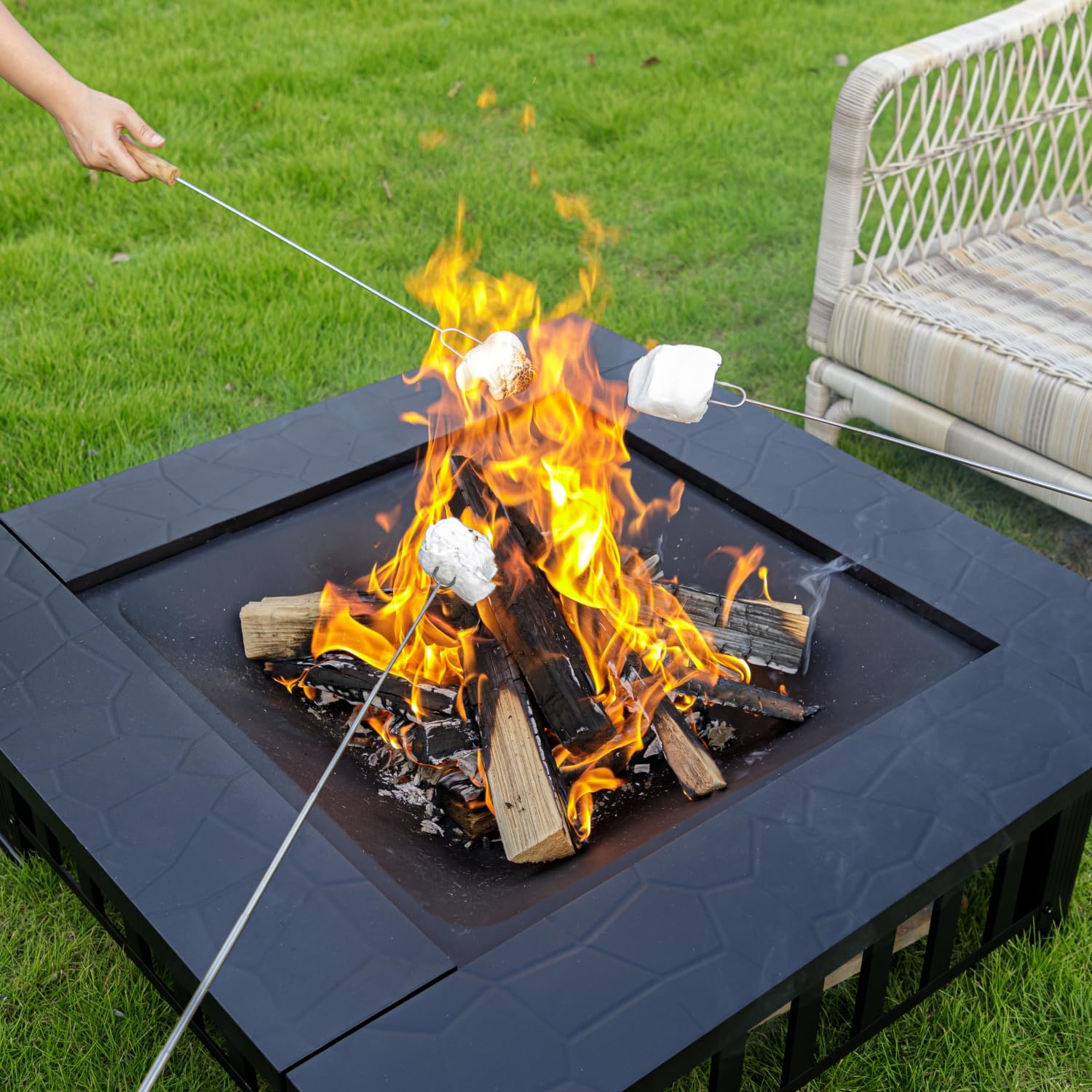 Square Outdoor Fire Pit Table with Spark Screen & Fire Poker, 3-in-1 Multipurpose