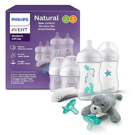 Natural Baby Bottle with Natural Response Nipple, Pink Baby Gift Set with Snuggle