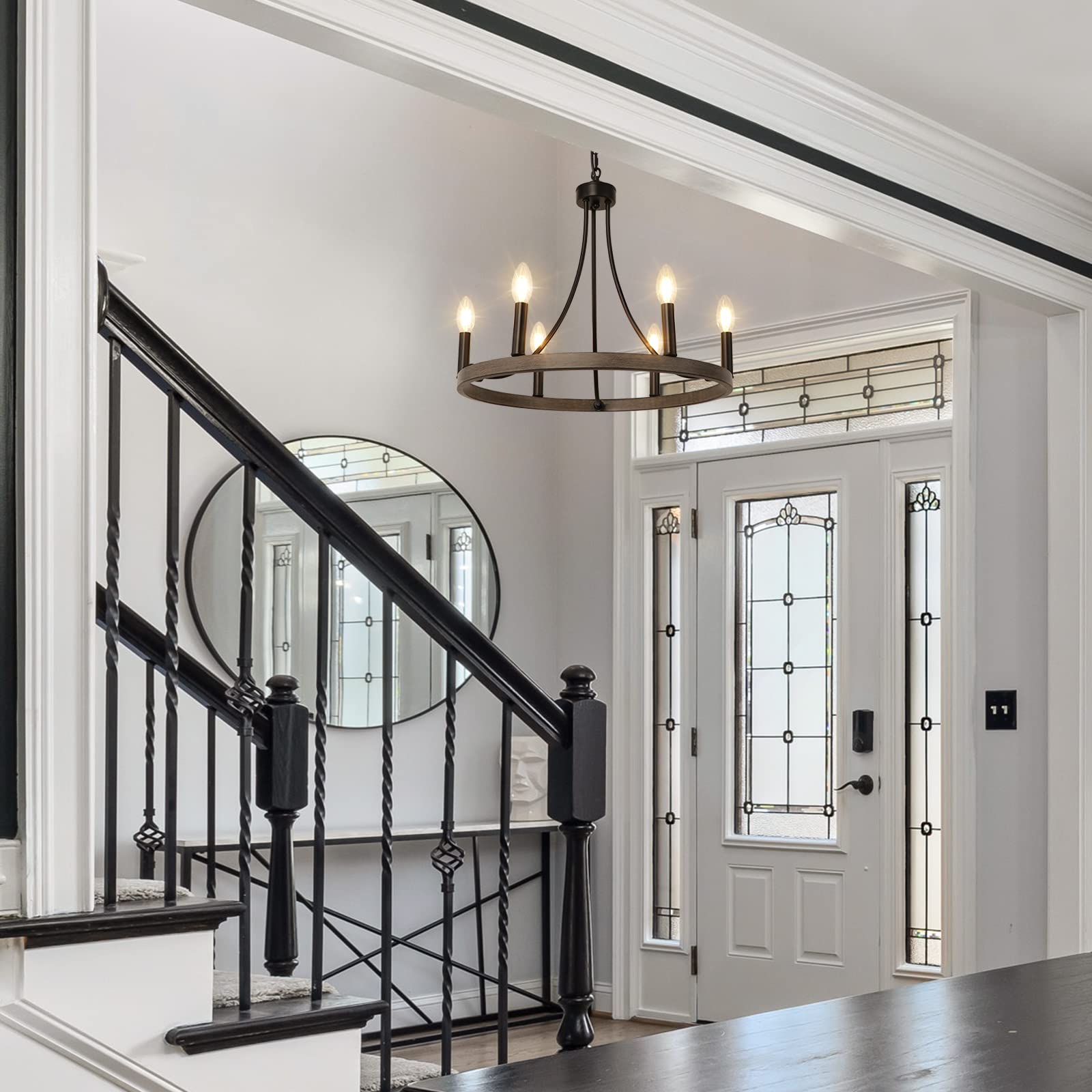 20'' Wagon Wheel Chandelier, 6 Lights Round Farmhouse Chandelier Rustic Faux Wood