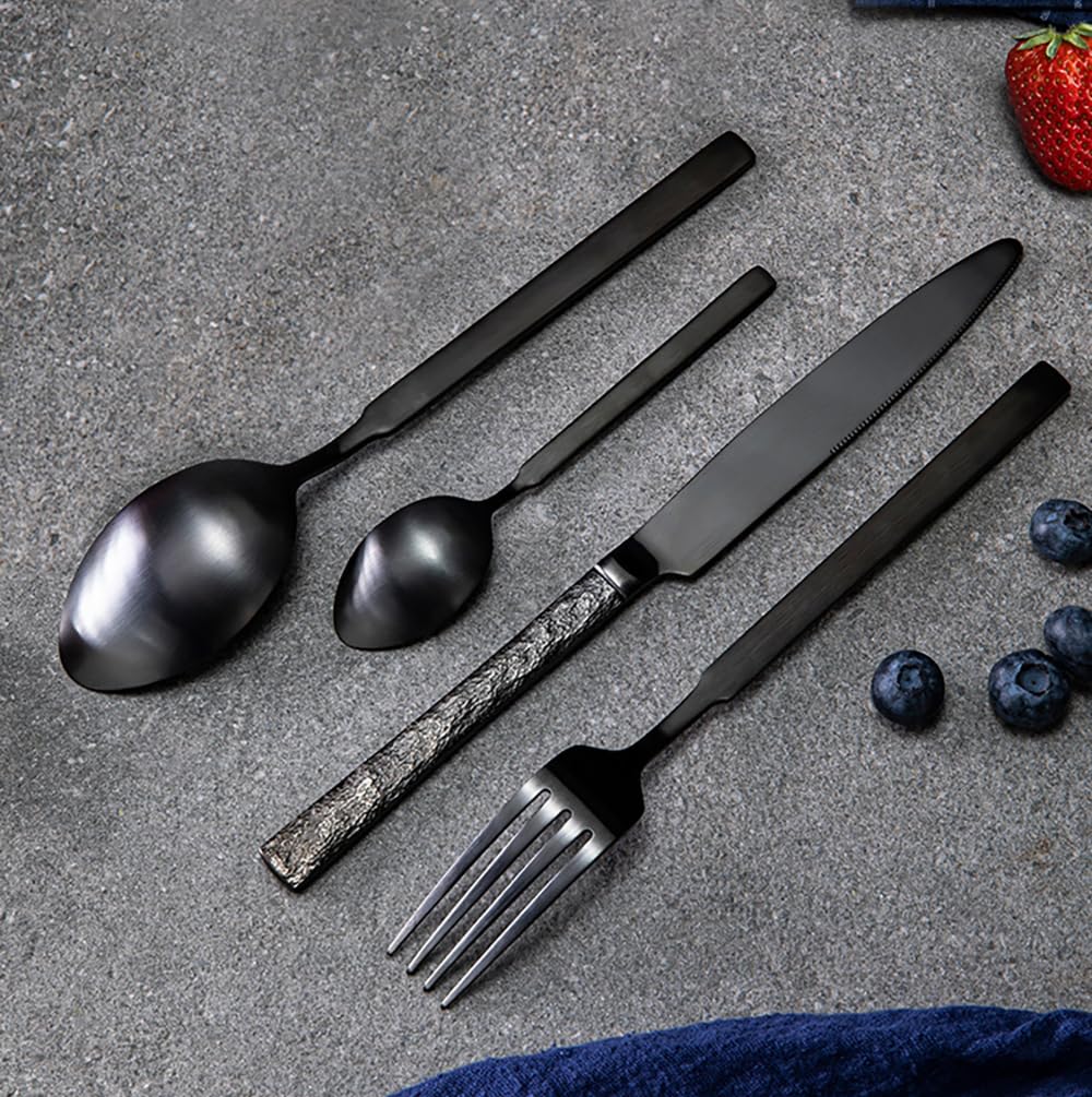 Black Silverware Set for 8 Stainless Steel 32 Piece Square Flatware Set Retro Tableware