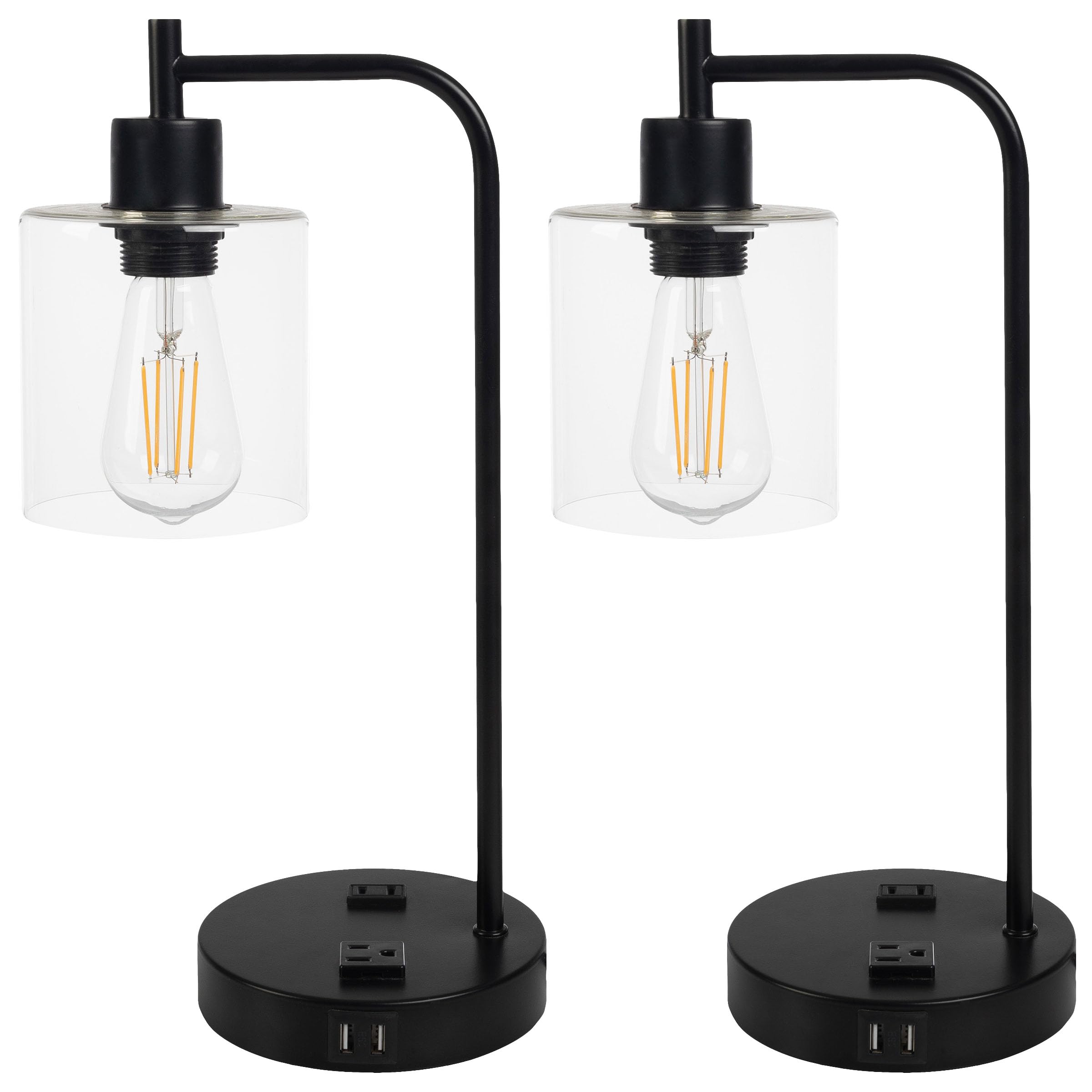 2 Table Lamps - Industrial Lamps with USB Ports, Touch Control, and Edison Bulb