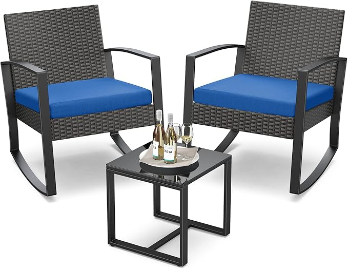 3 Pieces Patio Furniture Set Rocking Bistro Set Outdoor Rattan Conversation