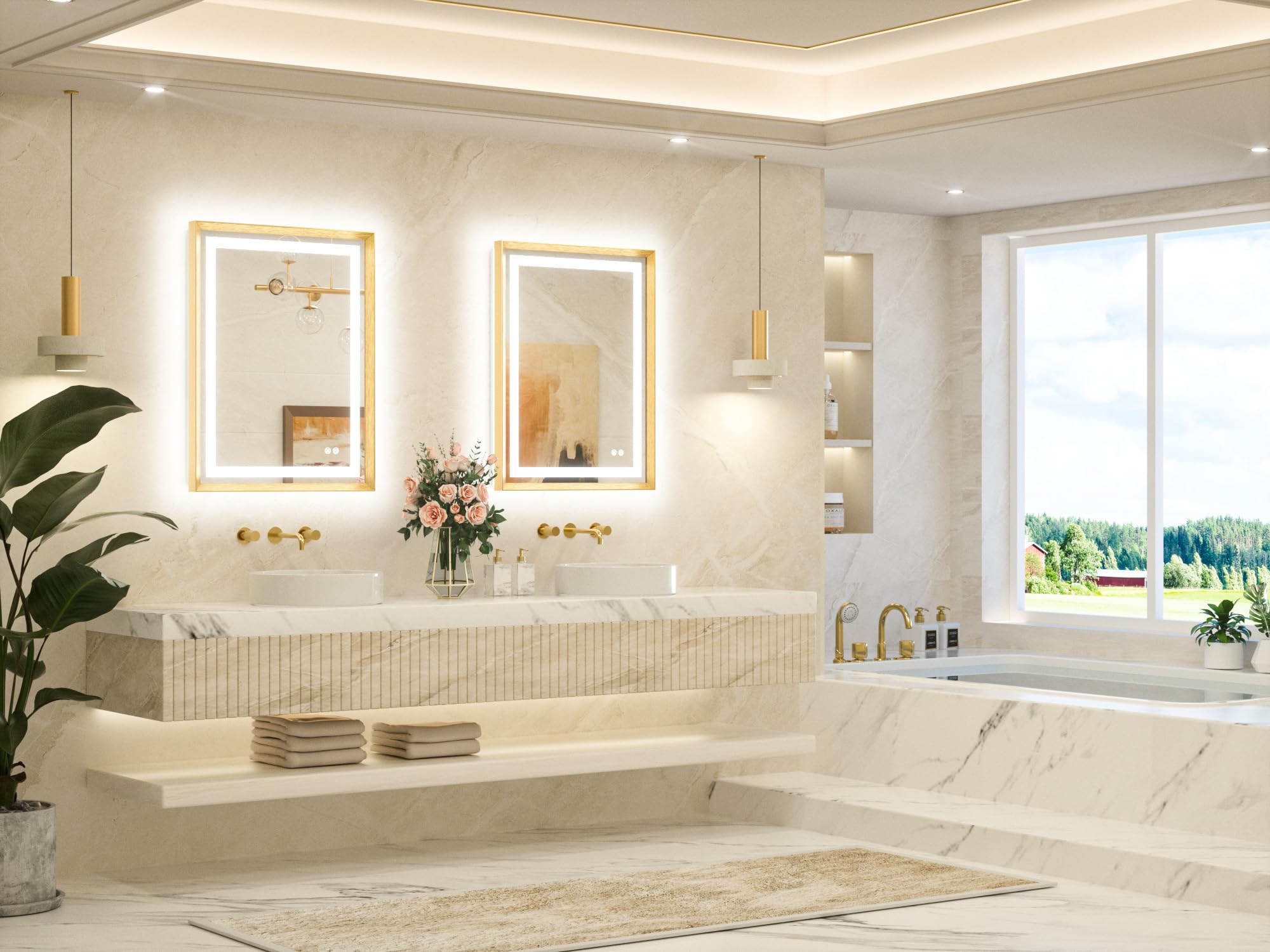 24 x 32 Bathroom LED Mirror Brushed Gold Metal Frame Frontlit & Backlit Vanity Mirror