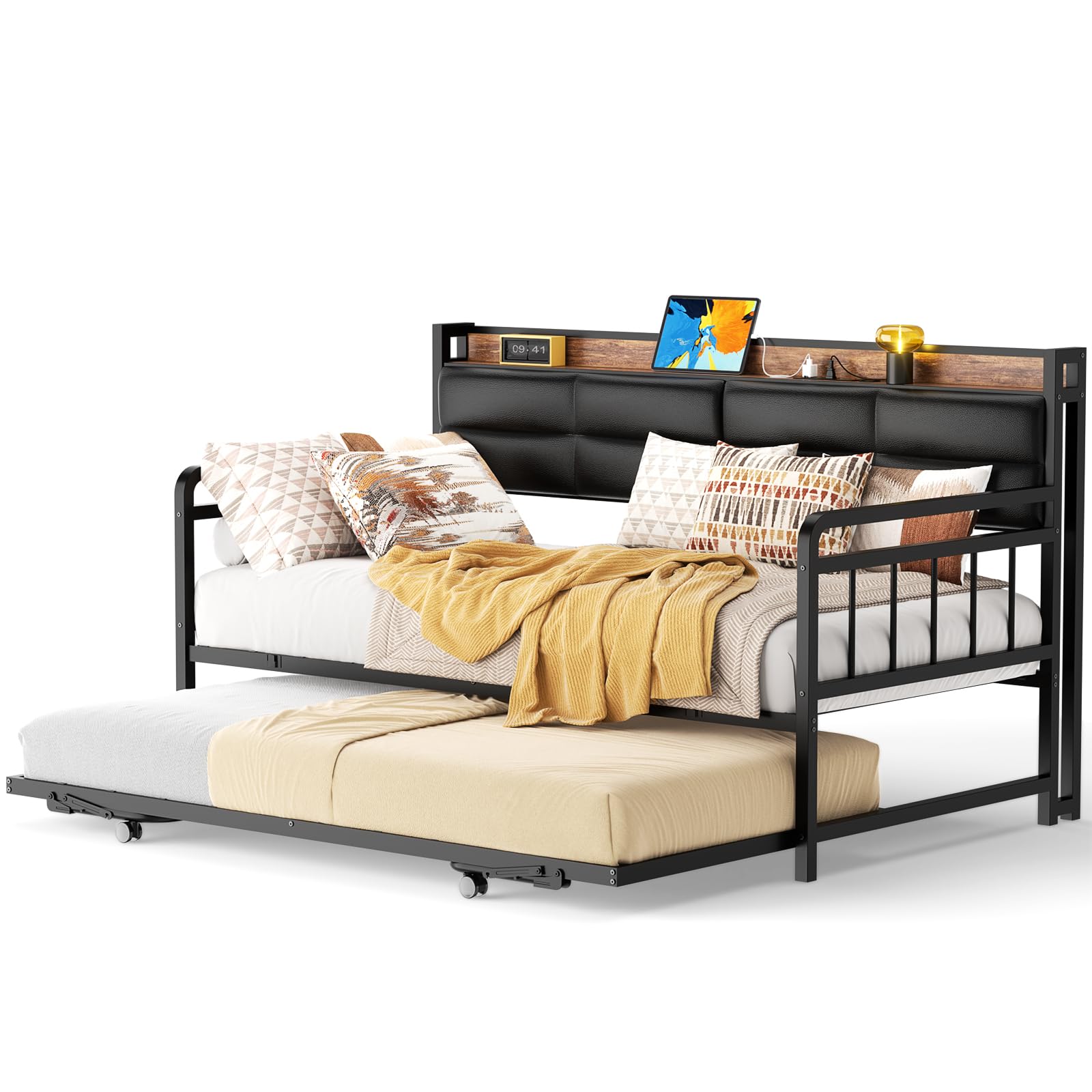 Daybed with Trundle, Twin Day Bed with Upholstered Headboard and Charging Station