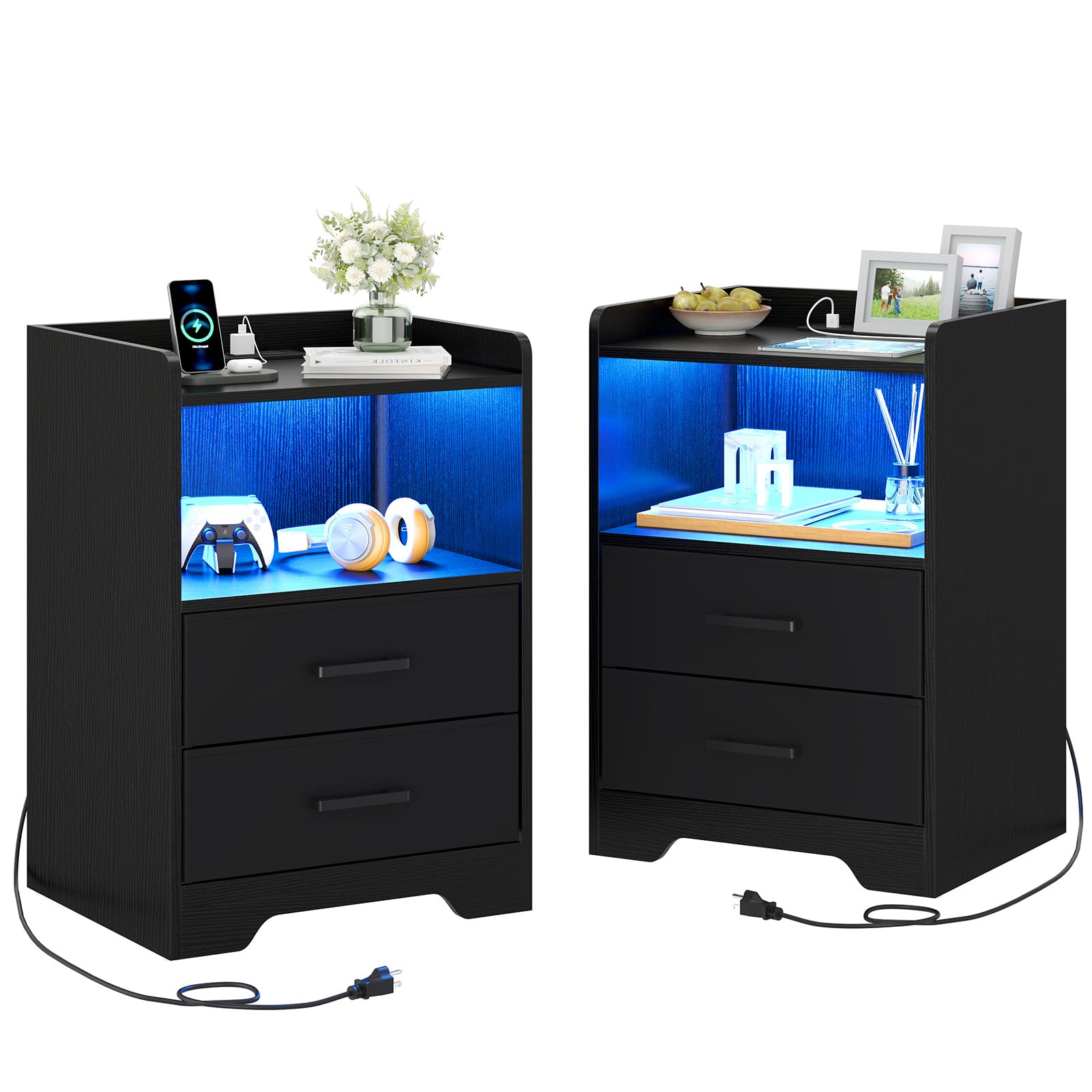 Night Stand Set of 2 with LED Lights and Charging Station