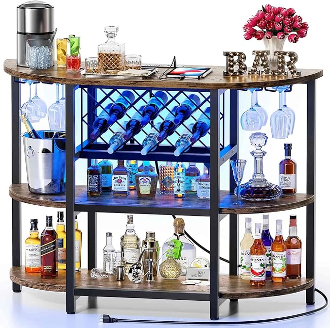 Bar Cart Bar Table with Power Outlet, LED Home Bar Cabinet for Liquor