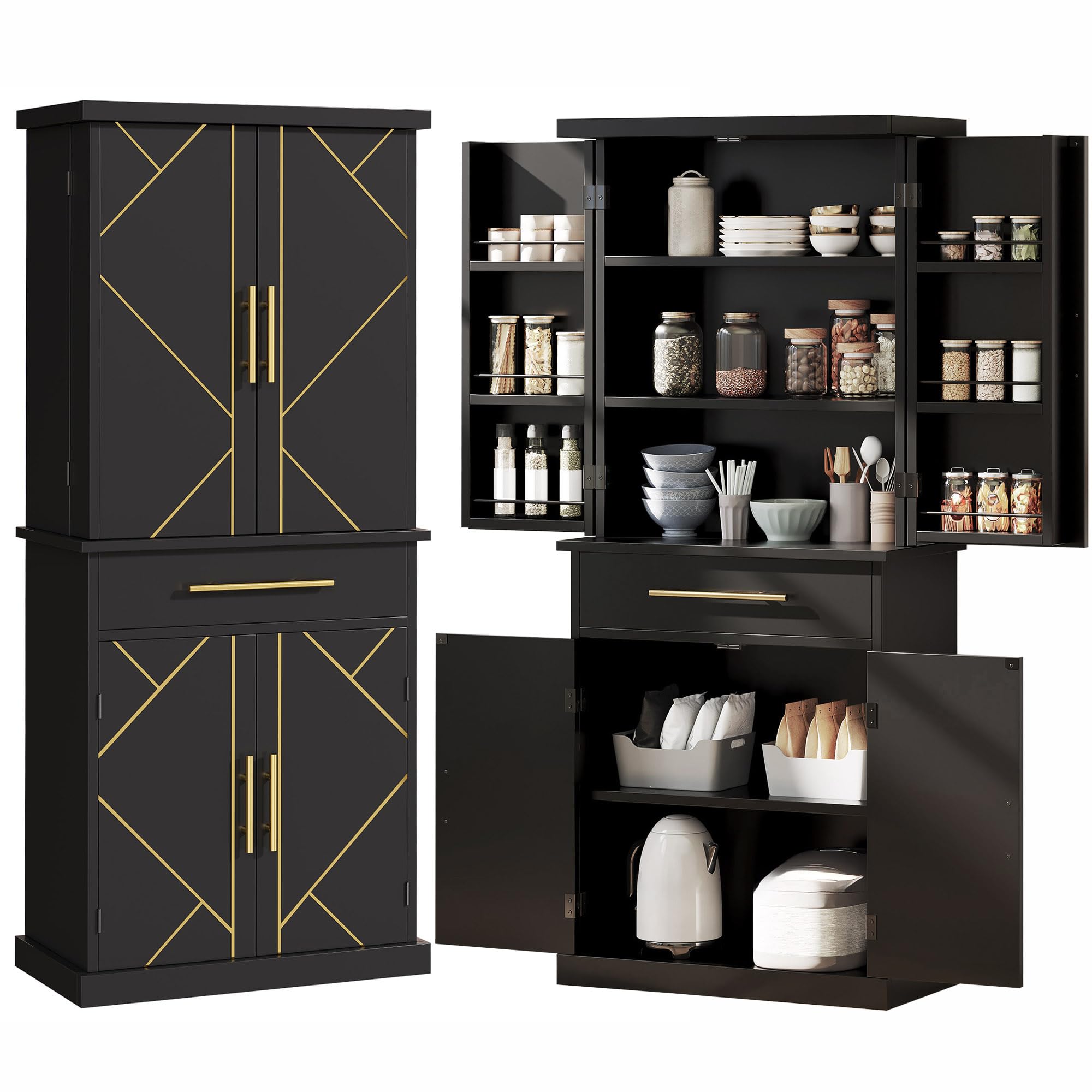 Kitchen Pantry Storage Cabinet, Tall Modern Food Buffet Cabinets with Drawer