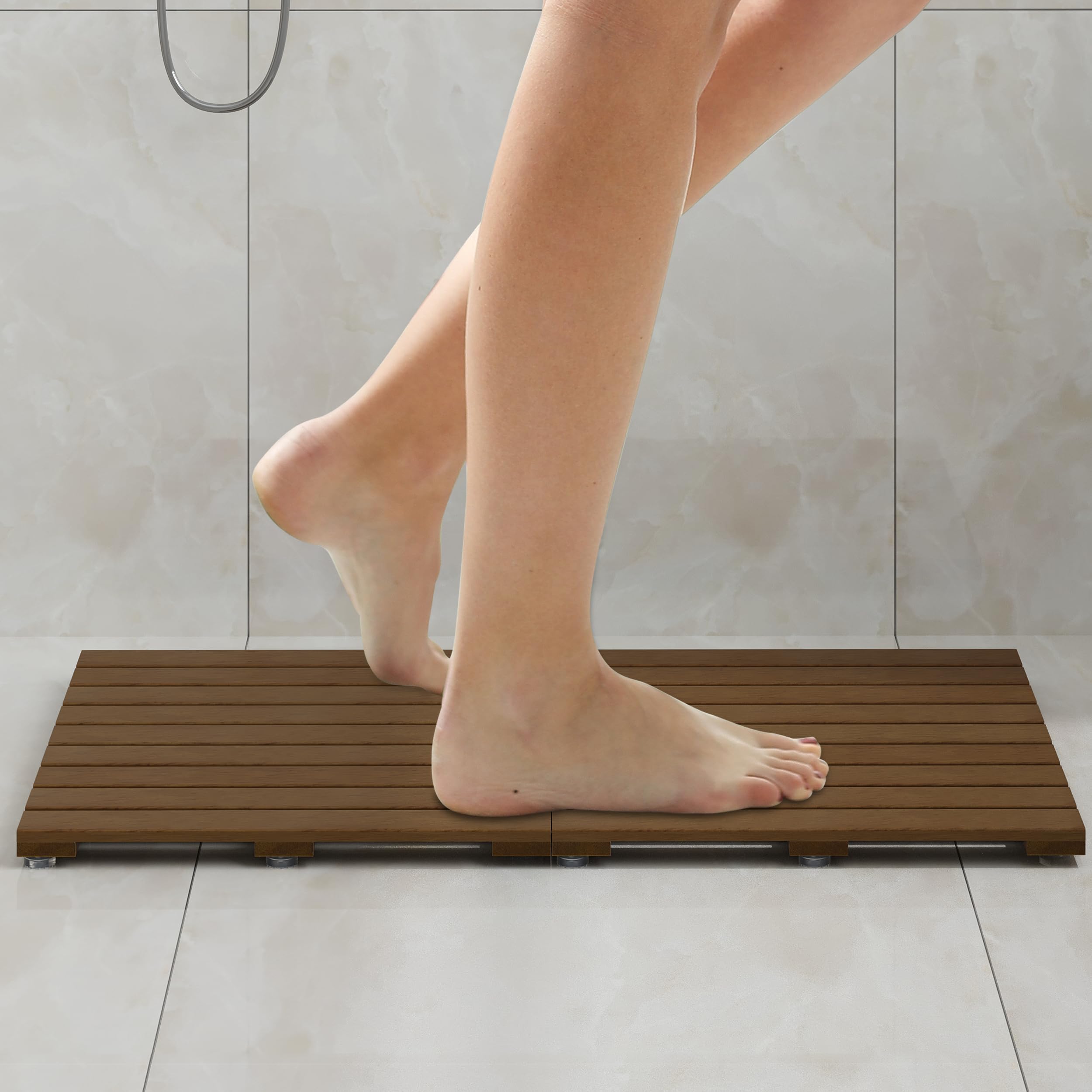 Foldable Teak Wood Bath Mat, 31.5" x 18.1" Shower Mat with Non-Slip