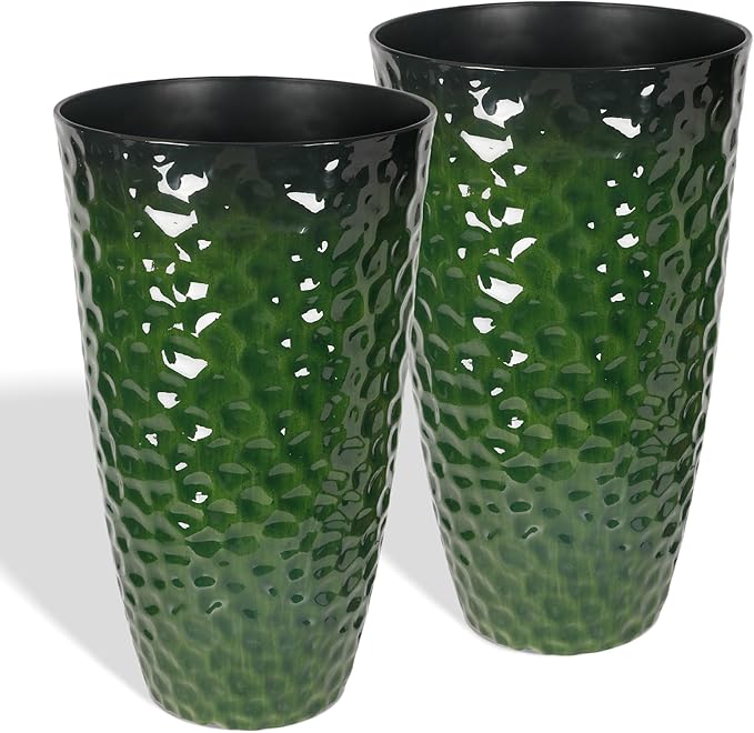 Garden 14" Dia x 24" H Large Plastic Planters with Drainage Hole, Set of 2 Hammered