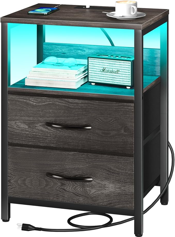 Nightstand with Charging Station, LED Night Stand with Fabric Drawers