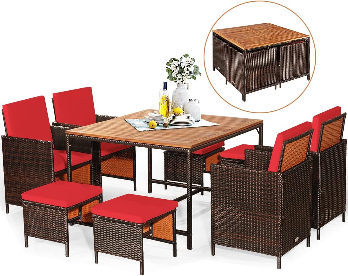 9-Piece Outdoor Dining Set - Patio Wicker Furniture Set w/Acacia Wood Tabletop