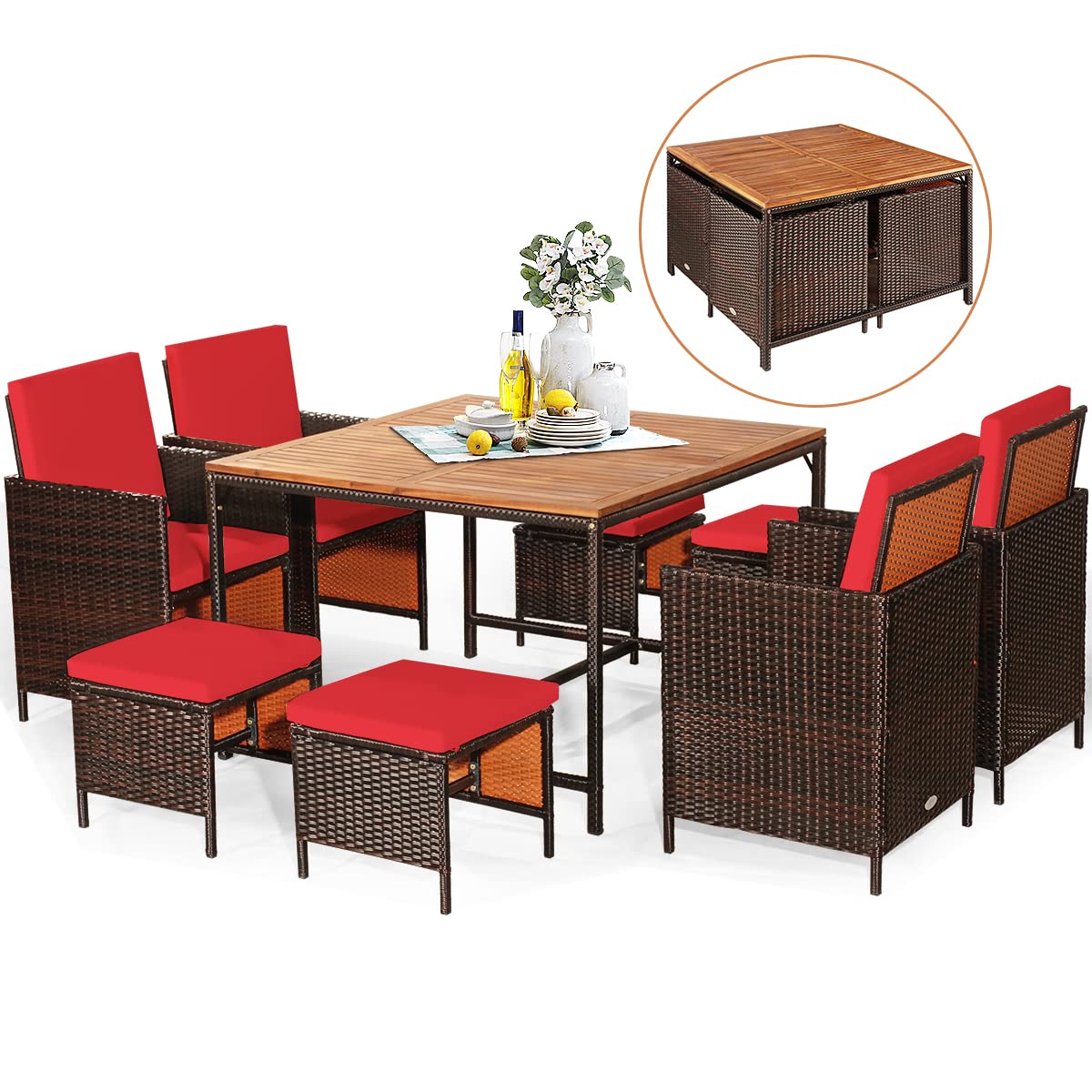 9-Piece Outdoor Dining Set - Patio Wicker Furniture Set w/Acacia Wood Tabletop