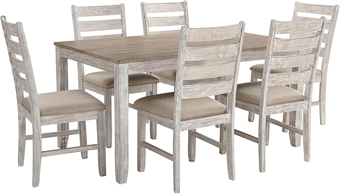 Skempton Cottage Dining Room Table Set with 6 Upholstered Chairs, Whitewash