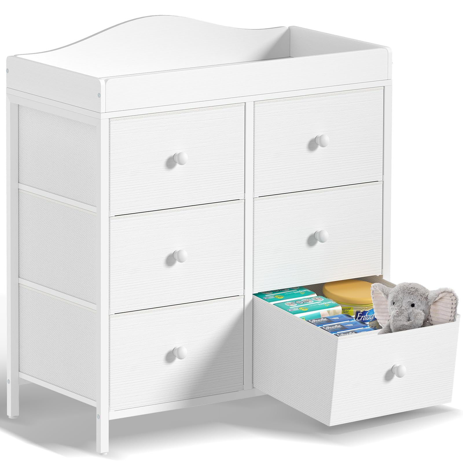 Changing Table Dresser with 6 Fabric Drawers, Baby Dresser with Changing Table