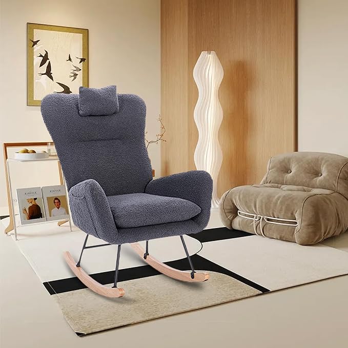 Rocking Chair Nursery, Teddy Upholstered Rocker Glider Chair with High Backrest