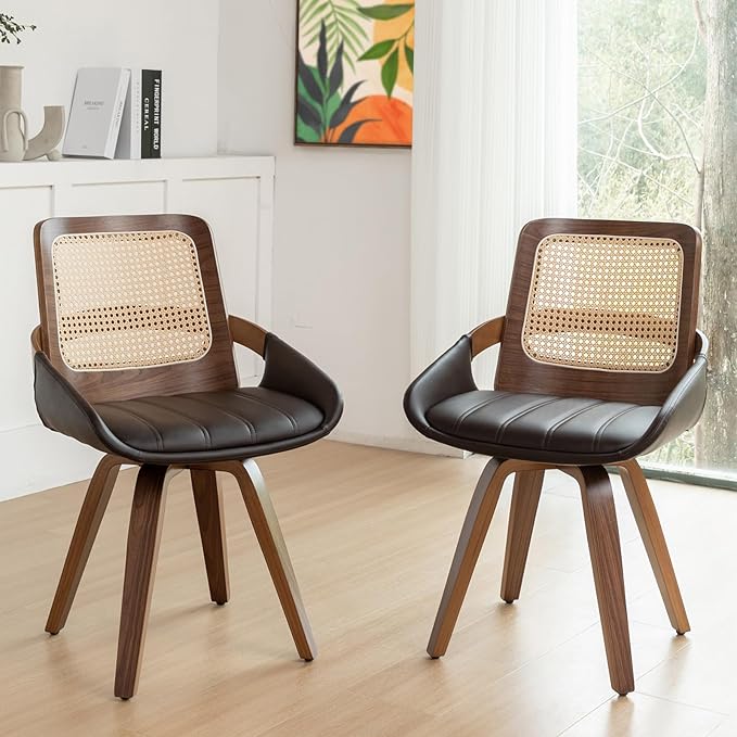 Set of 2 Green Rattan Dining Chairs - Mid Century Modern Dining Chairs