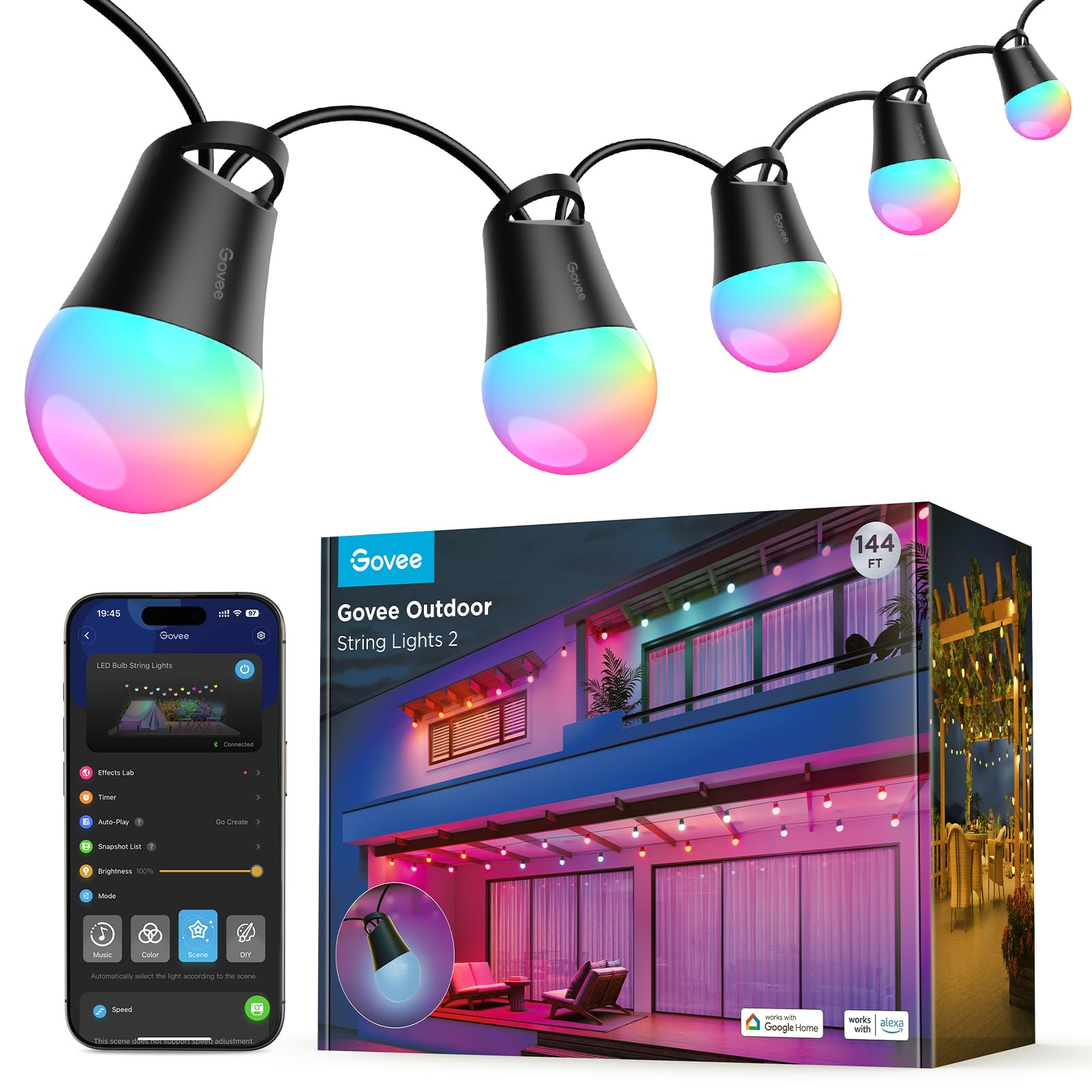 Smart Outdoor String Lights 2, 144ft Outdoor Lights with Dimmable Warm White LED Bulbs