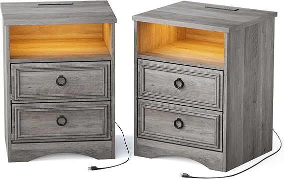 Nightstand Set of 2, Night Stand with Drawers, Accent Bed Side Table and End Table
