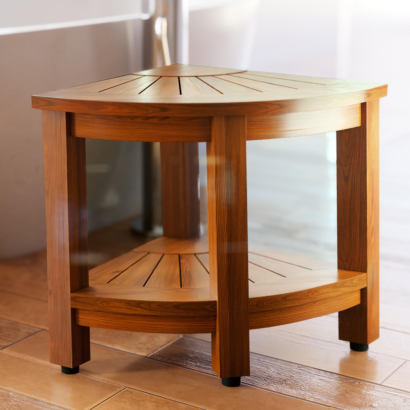 TEAKMAMA Teak Corner Shower Bench 18” Shower Stools for Inside Shower, Teak Corner Bench Waterproof Bath Chair, Bathroom Seat with Storage Shelf, Assembly Required