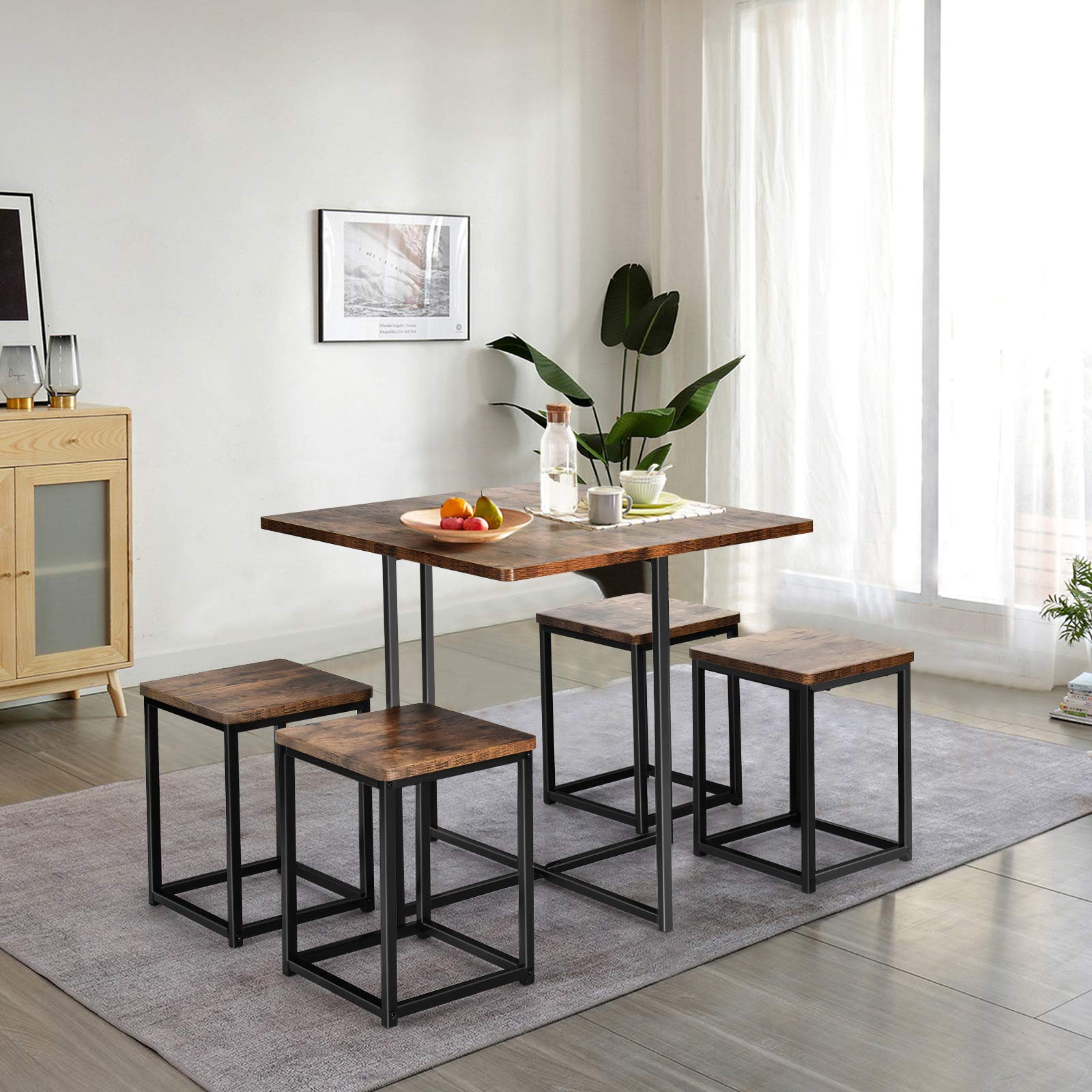 5 Piece Dining Table Set, Dining Set for 4 with Square Stools