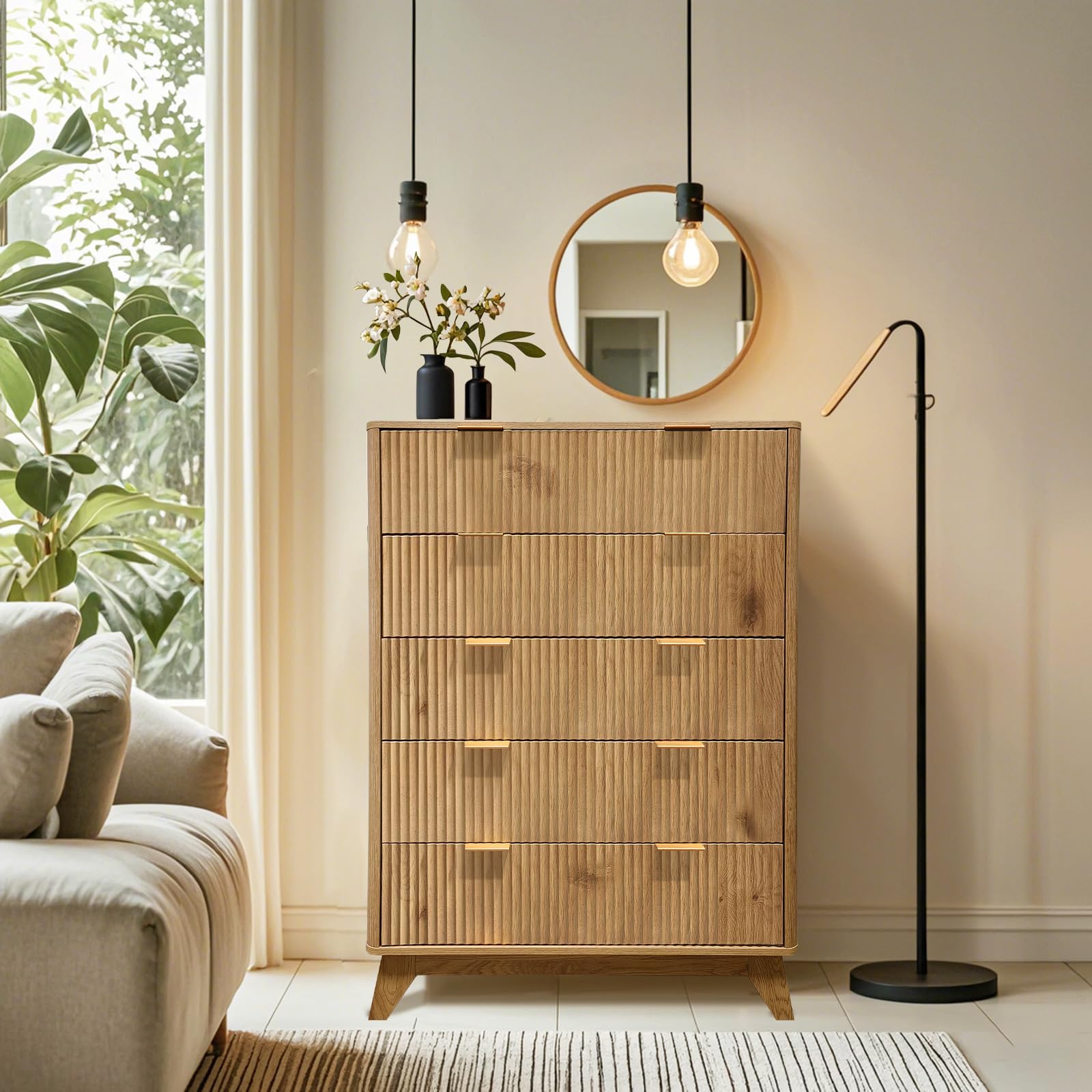 Tall Dresser, Wood Chest of Drawers, 5 Drawer Waveform Fluted Panel Dresser