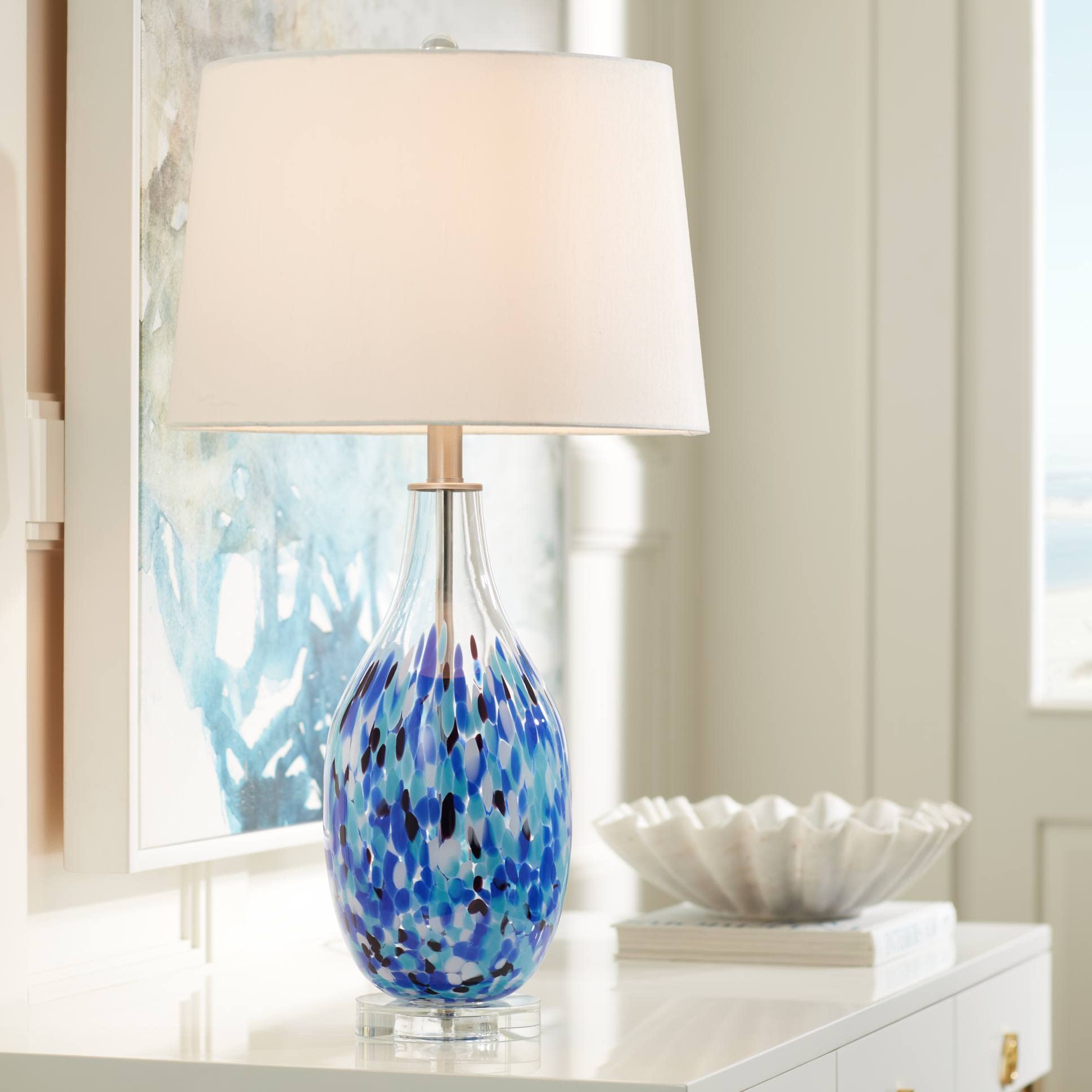 Modern Coastal Vase Table Lamp 28" Tall Blue Art Glass White Fabric Tapered