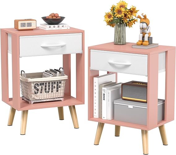 Nightstands Set of 2 with Black Fabric Storage Drawer and Open Wood Shelf