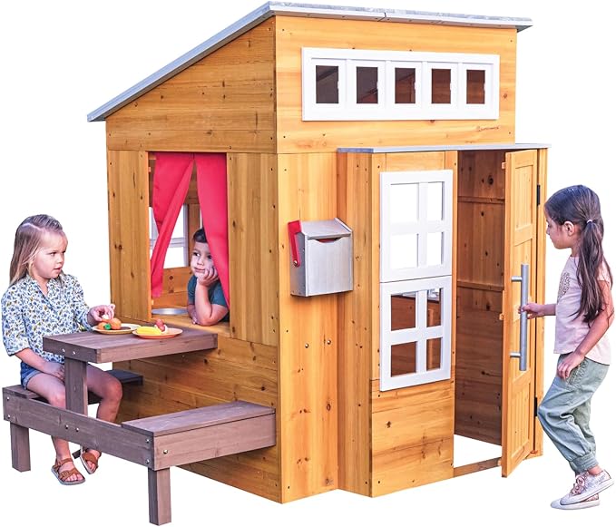 Outdoor Wooden Playhouse with Picnic Table, Mailbox and Outdoor Grill