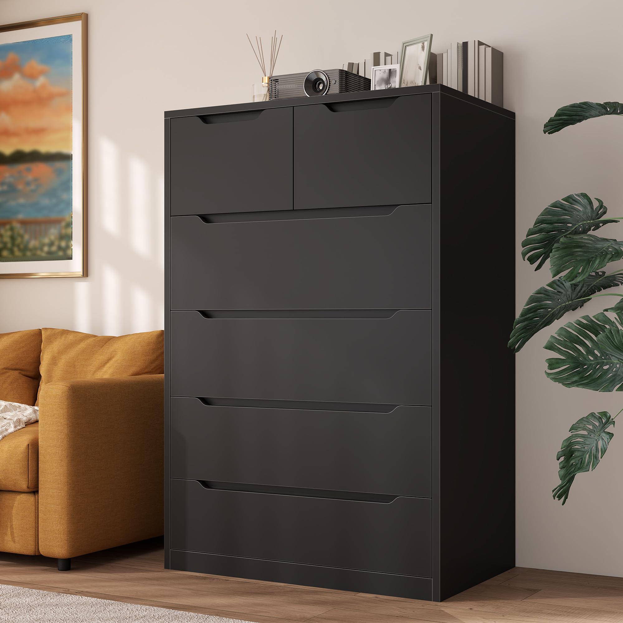 6 Drawer Dresser for Bedrom,Tall Black Chest of Drawers for Bedroom, Hallway, Closet
