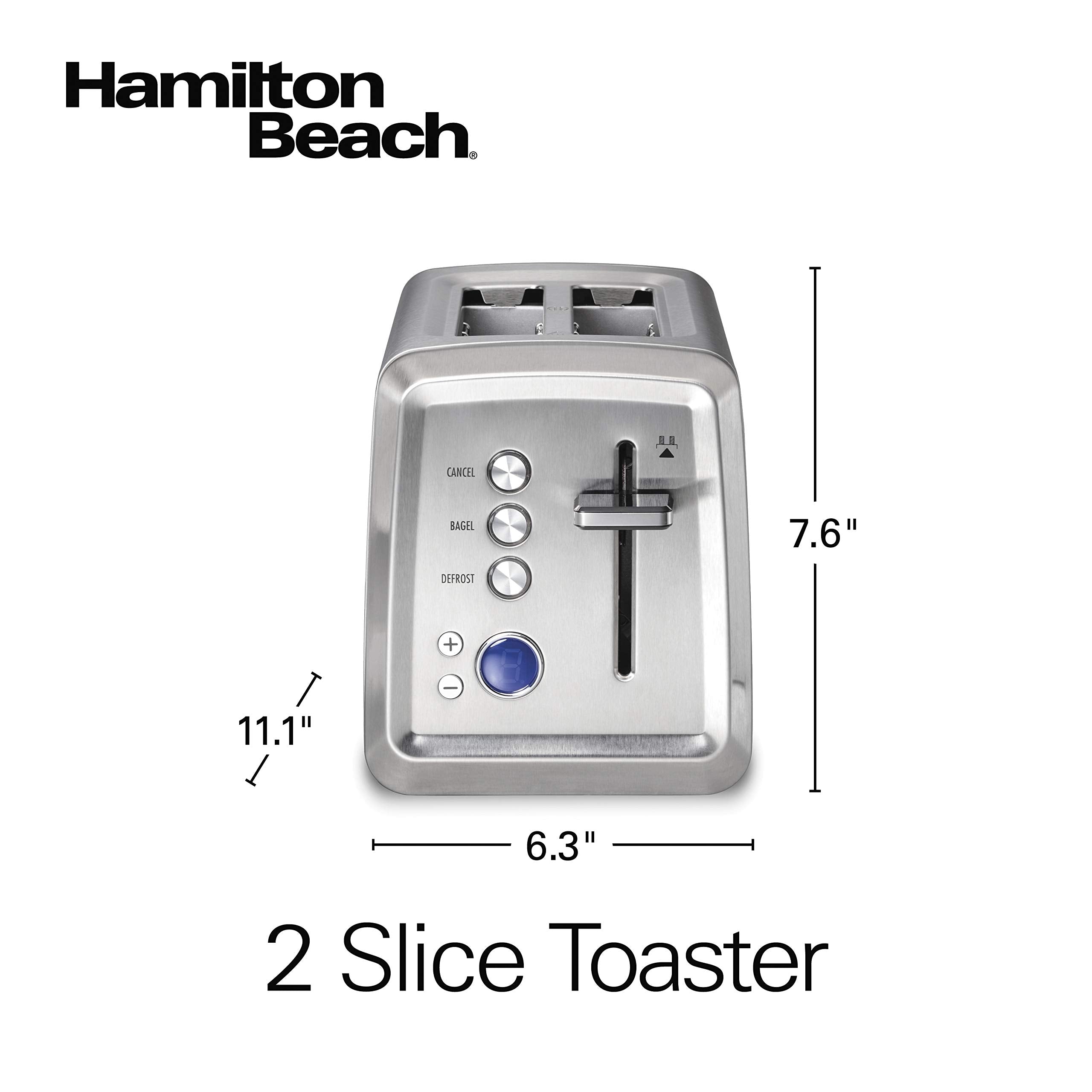 Hamilton Beach 2 Slice Toaster with Extra-Wide Slots, Bagel Setting, Toast Boost, Slide-Out Crumb Tray, Auto-Shutoff & Cancel Button, Digital with Defrost Function, Stainless Steel (22796)