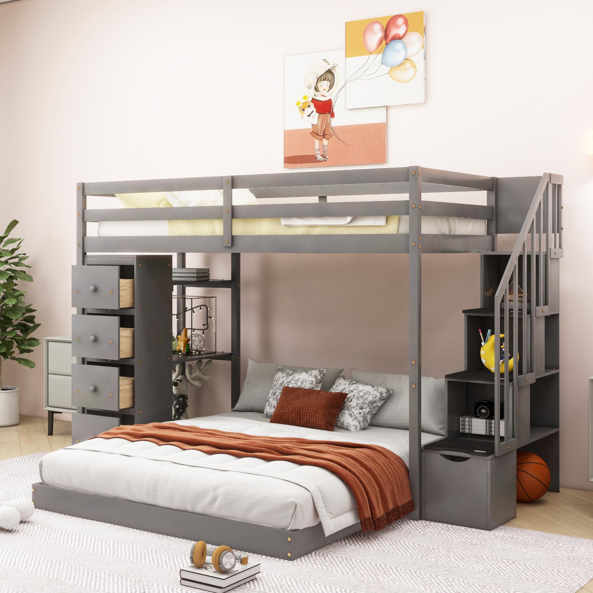 Twin Over Full Bunk Bed with 3-Layer Shelves,Wood L-Shape High Loftbed Frame