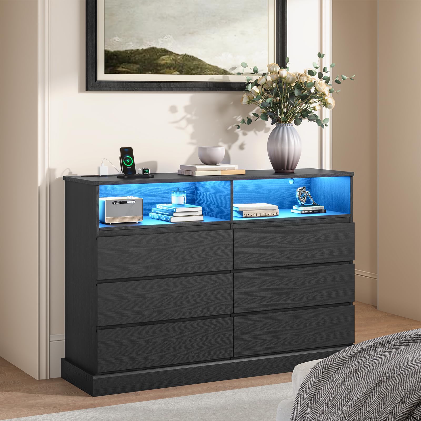 Black Dresser for Bedroom with LED Lights with Charging Station