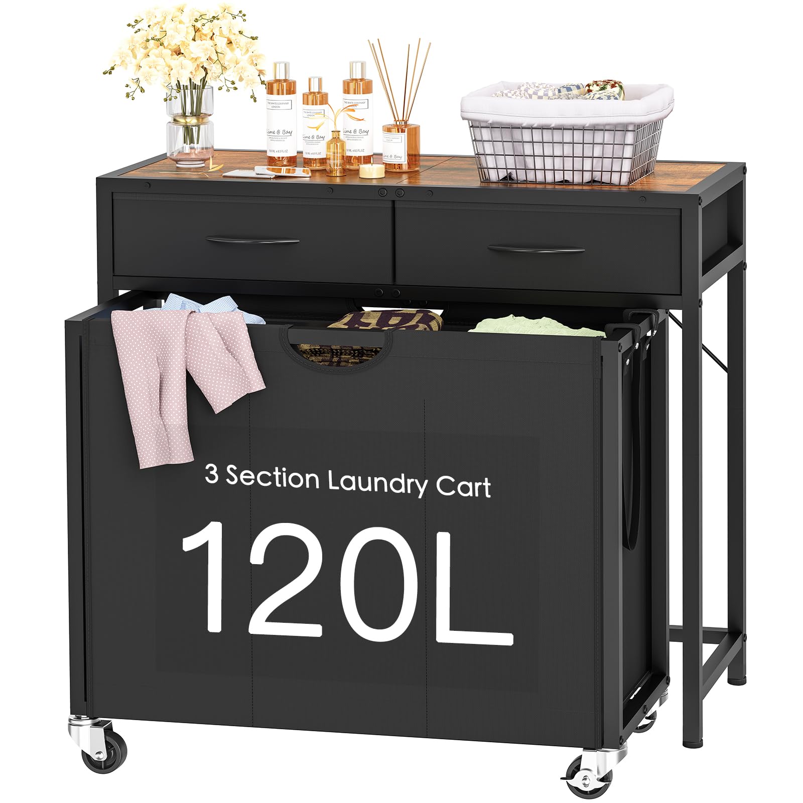 Laundry Sorter, Rolling Laundry Hamper with 3 Section Pull-Out Bags, Laundry Basket
