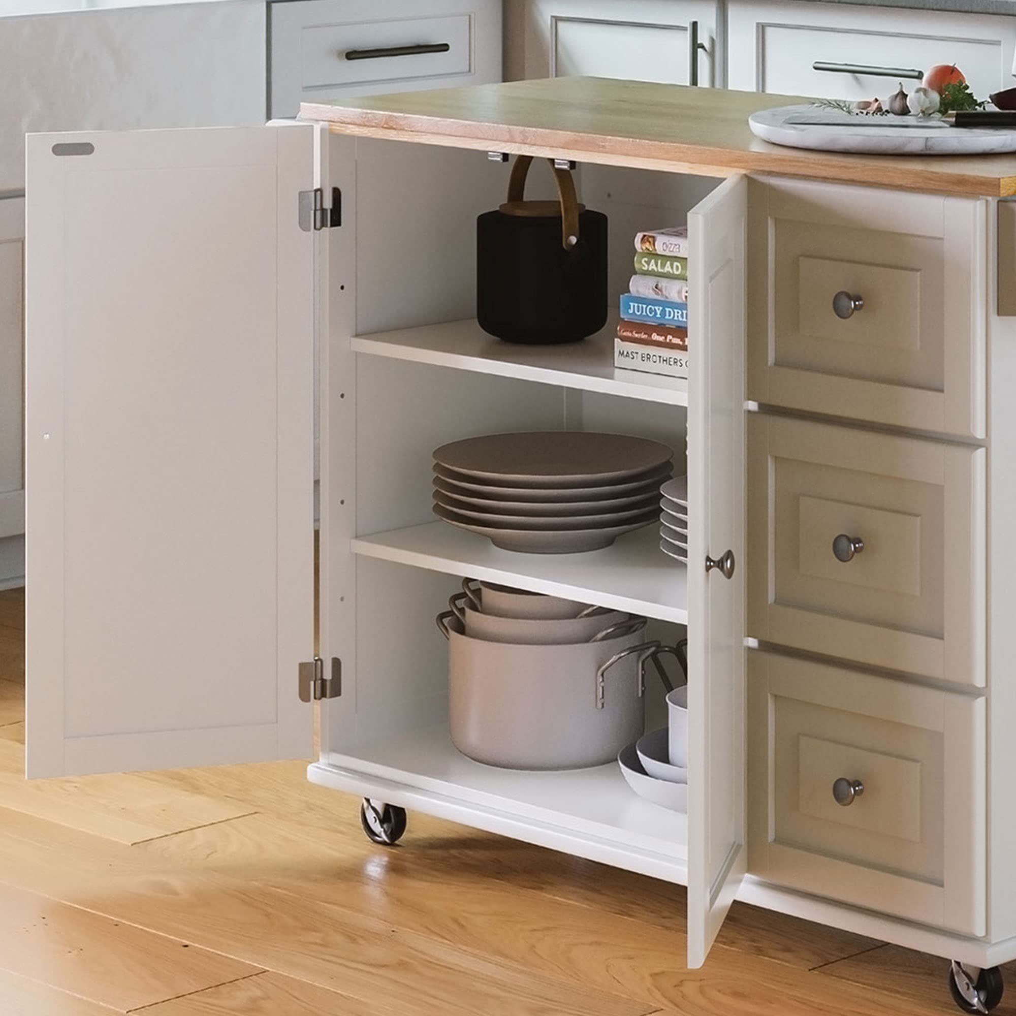 Madison Off-White Mobile Kitchen Island Cart with Wood Drop Leaf Breakfast Bar