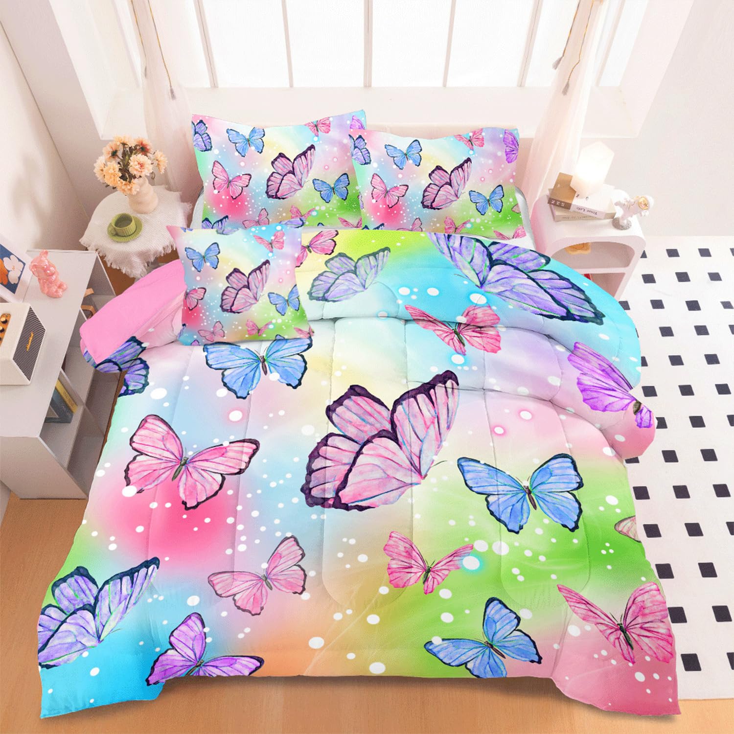 Pcs Girls Bedding Set, Rainbow Watercolor Butterfly Comforter Set Full Size