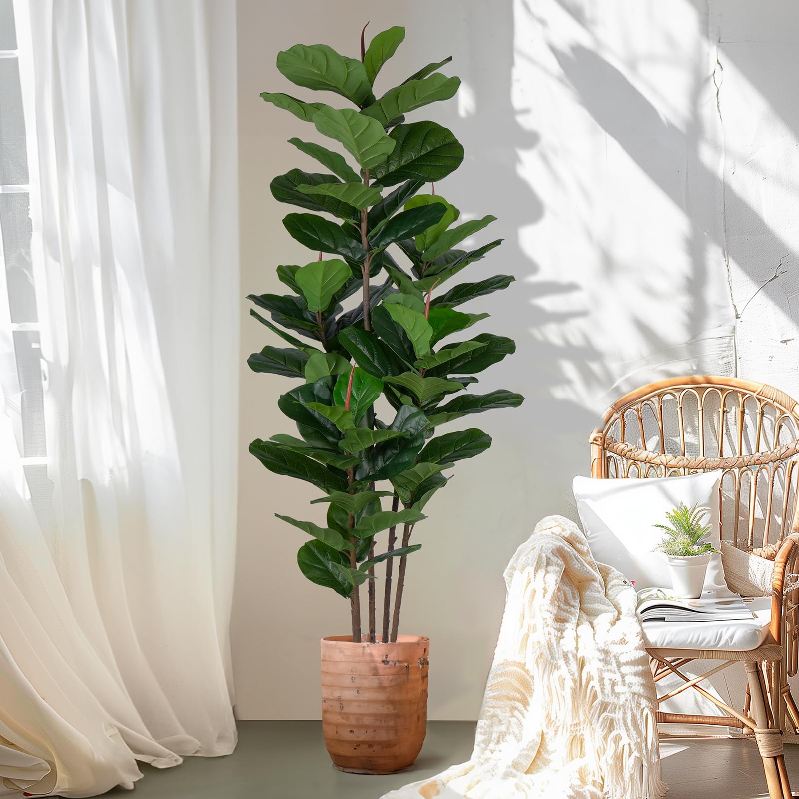 Faux Fiddle Leaf Fig Tree 6 FT - Artificial Ficus Tree with Tall Artificial Plants 69 Fiddle Leaves