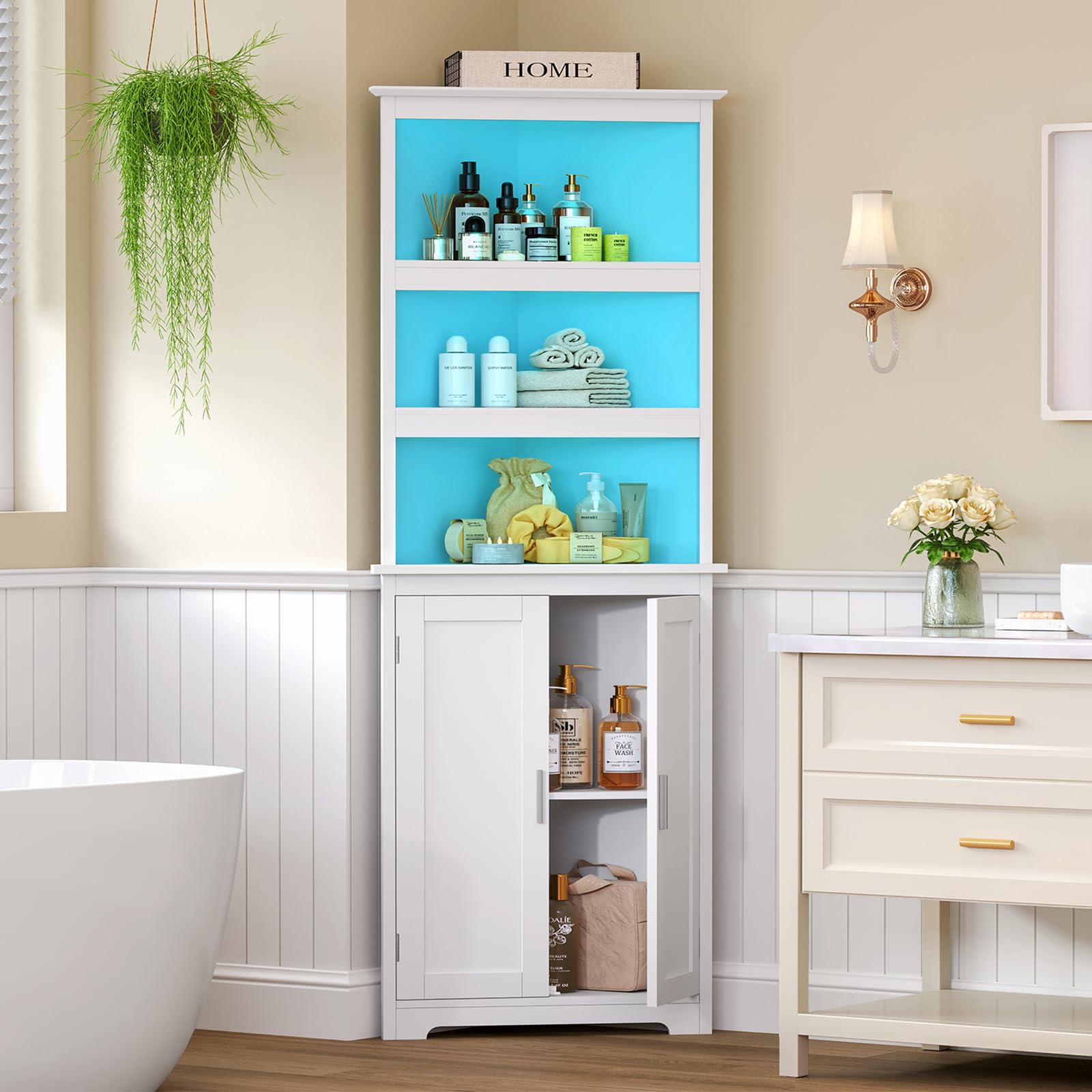 Tall Corner Cabinet with LED Lights, 5-Tier Bathroom Corner Cabinet,living room