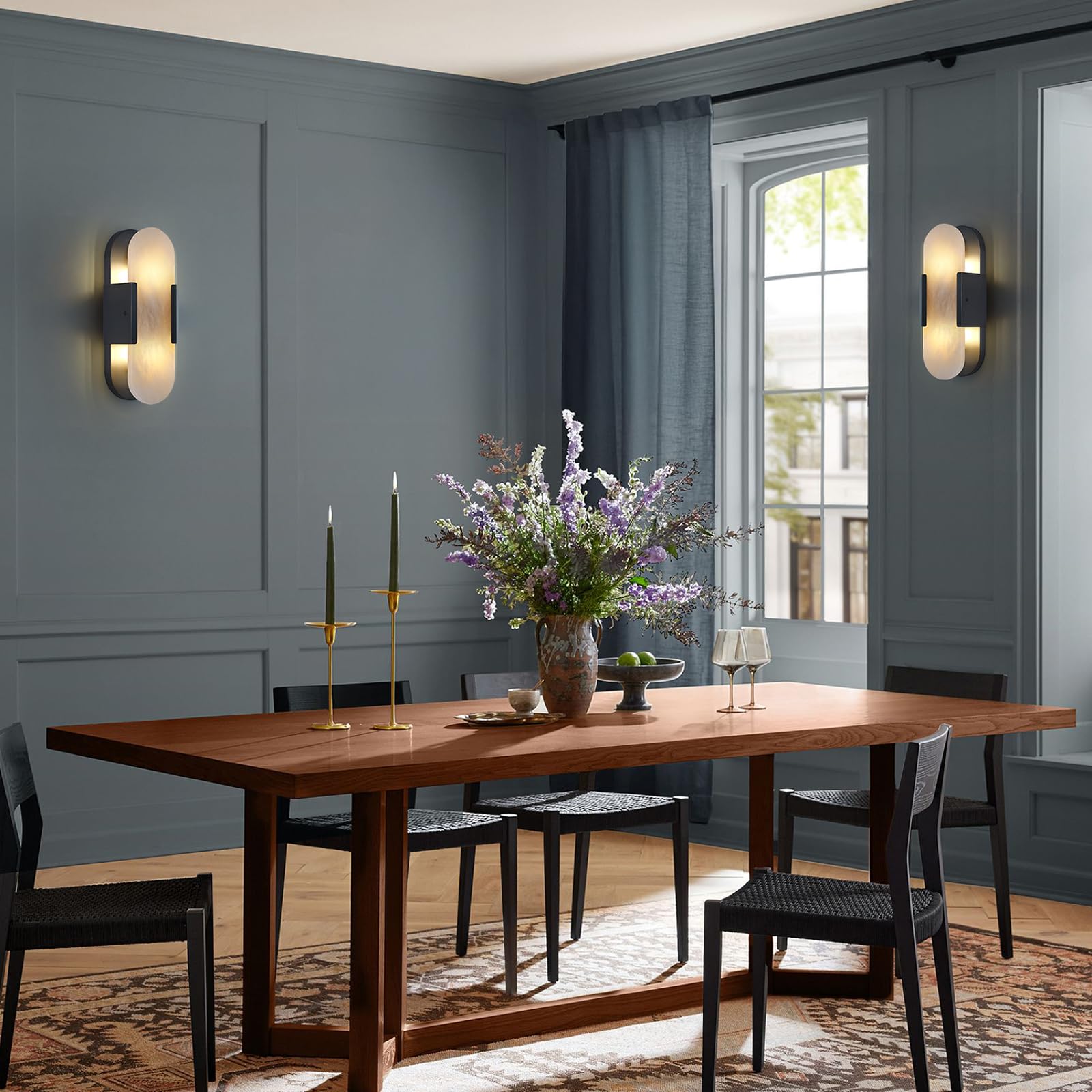 13.8 in Matte Black Alabaster Wall Sconces, Natural Marble Wall Sconces Indoor Alabaster