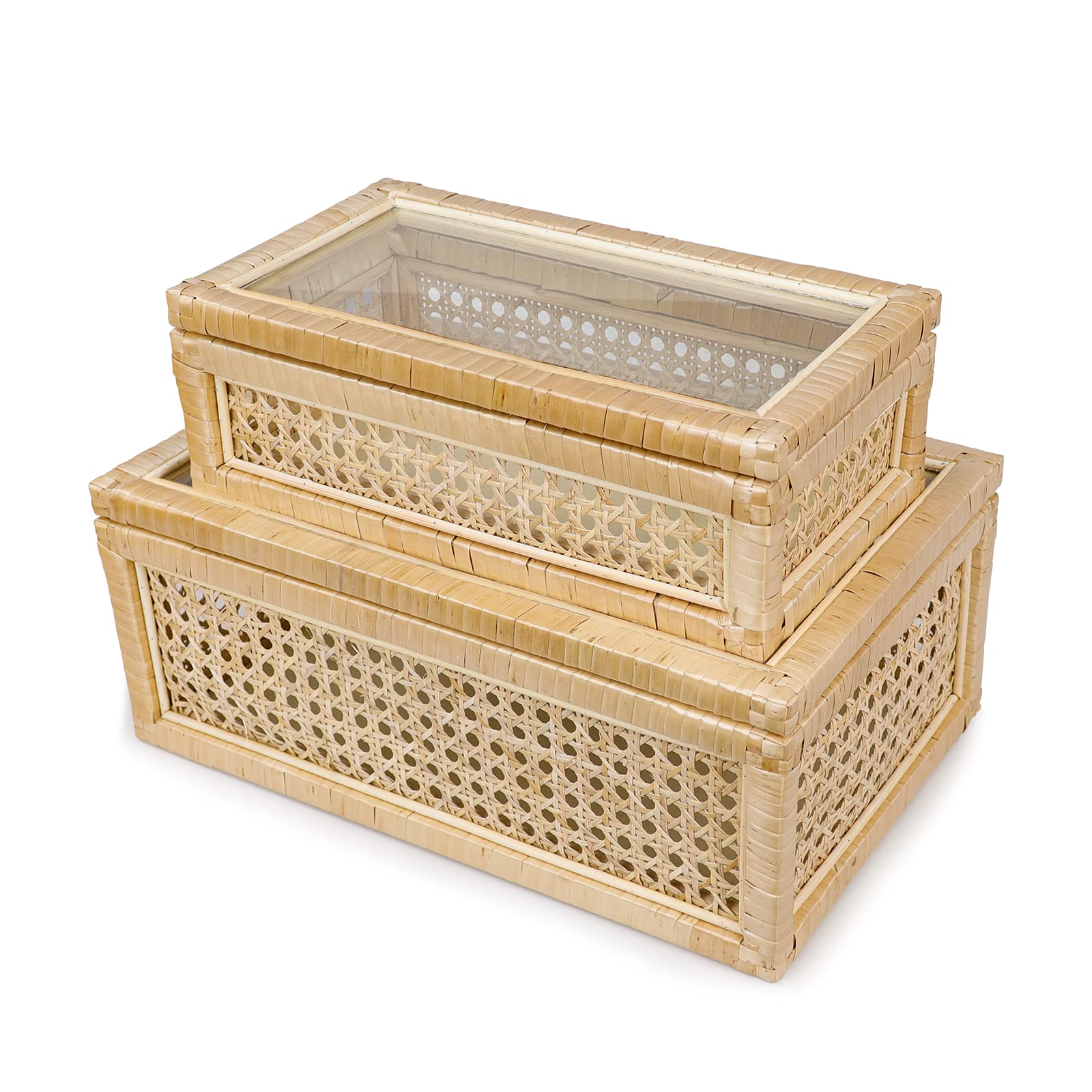 POPRHINO Rattan Decorative Box with Glass Lids, Set of 2 Rectangular Decorative Boxes for Home Décor, Rattan Woven Case for Display, Wicker Storage Decoration (15 x 9.4 x 6 Inch, 12.2 x 7 x 3.9Inch)