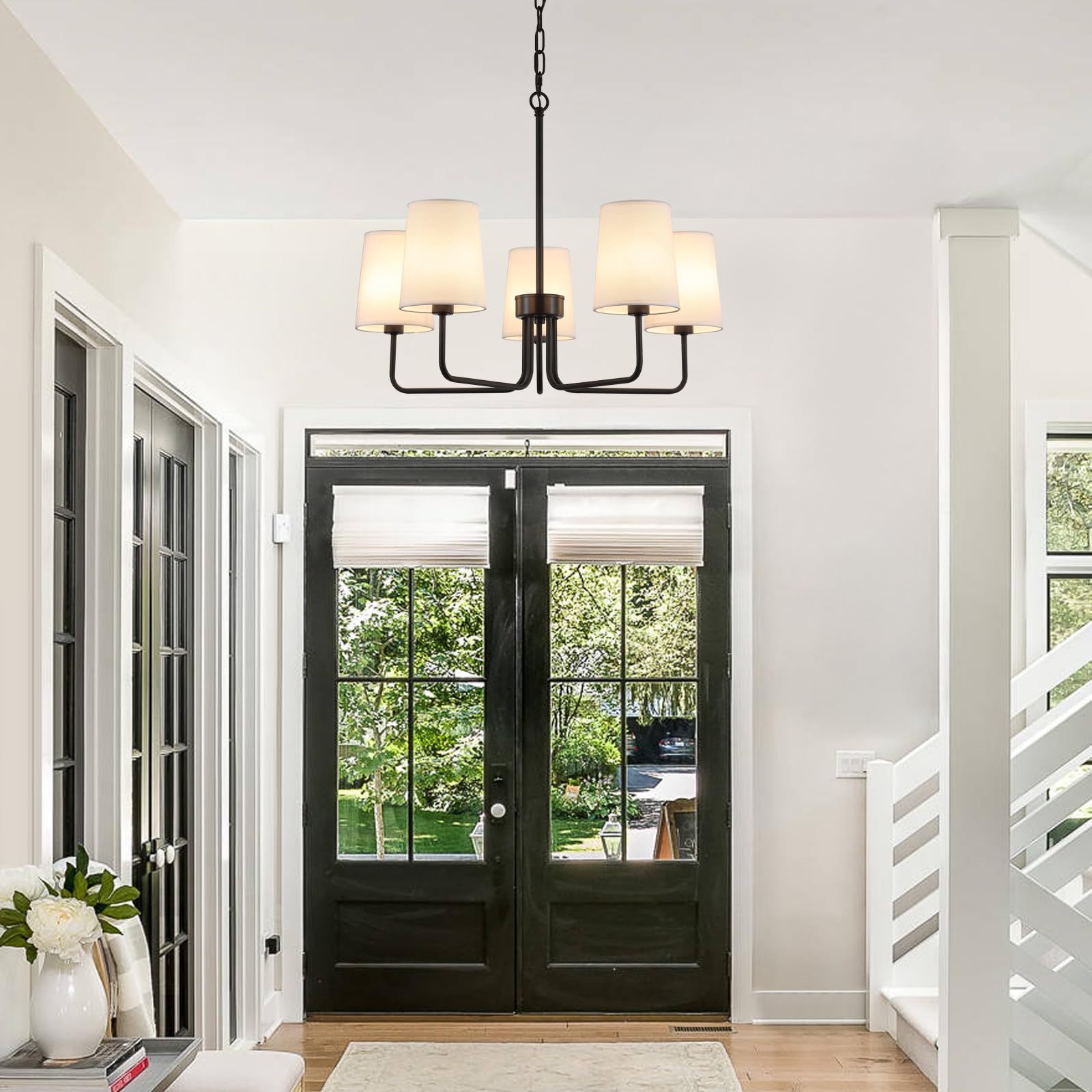 AMZASA Farmhouse Chandelier, Matte Black with White Fabric Shade, Farmhouse Linear Island Lighting Fixture for Kitchen, Dining Room (5-Light Matte Black with Fabric Shades)