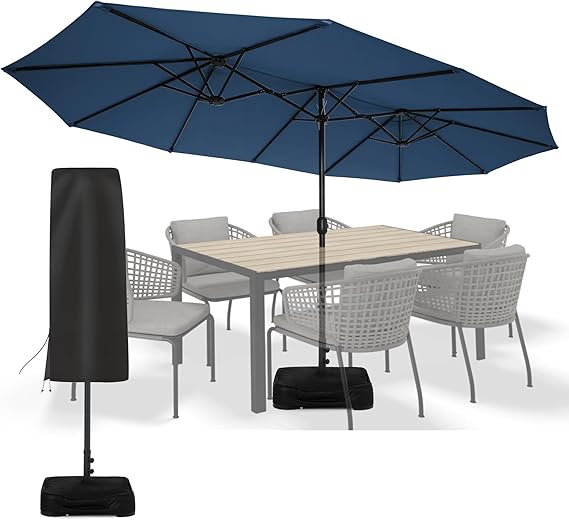 15 ft Patio Umbrella with Sand Bag Base and Cover, Large Outdoor Double-Sided Umbrella