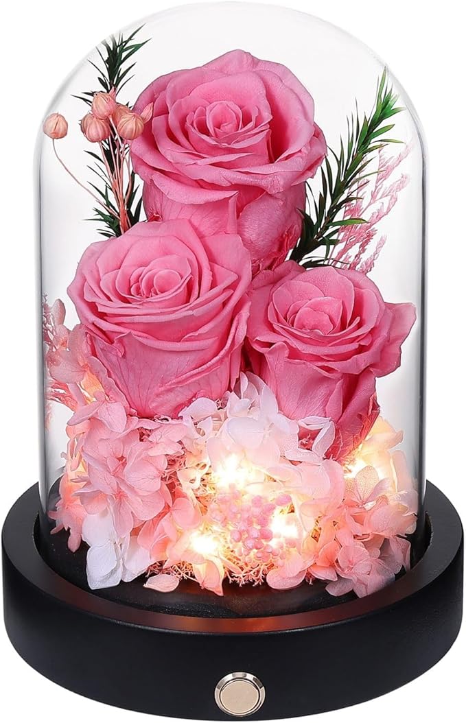 Flowers for Delivery, 3 Yellow Forever Roses in Glass Dome with LED, Preserved Real Rose