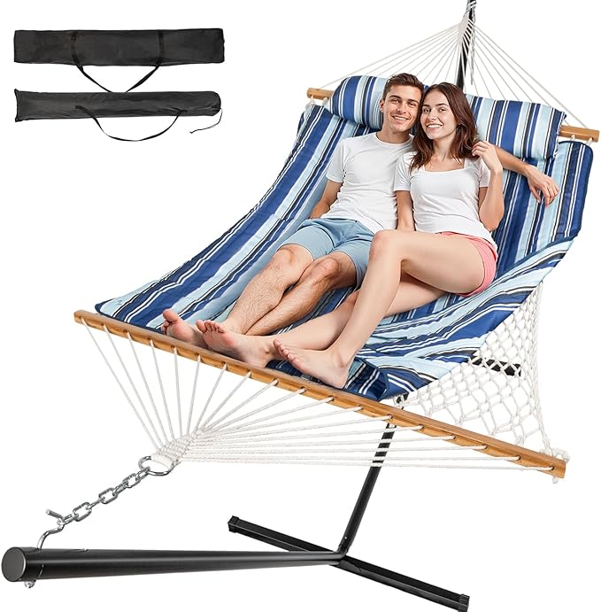 Double Hammock with Stand, 2 Person Cotton Rope Hammock