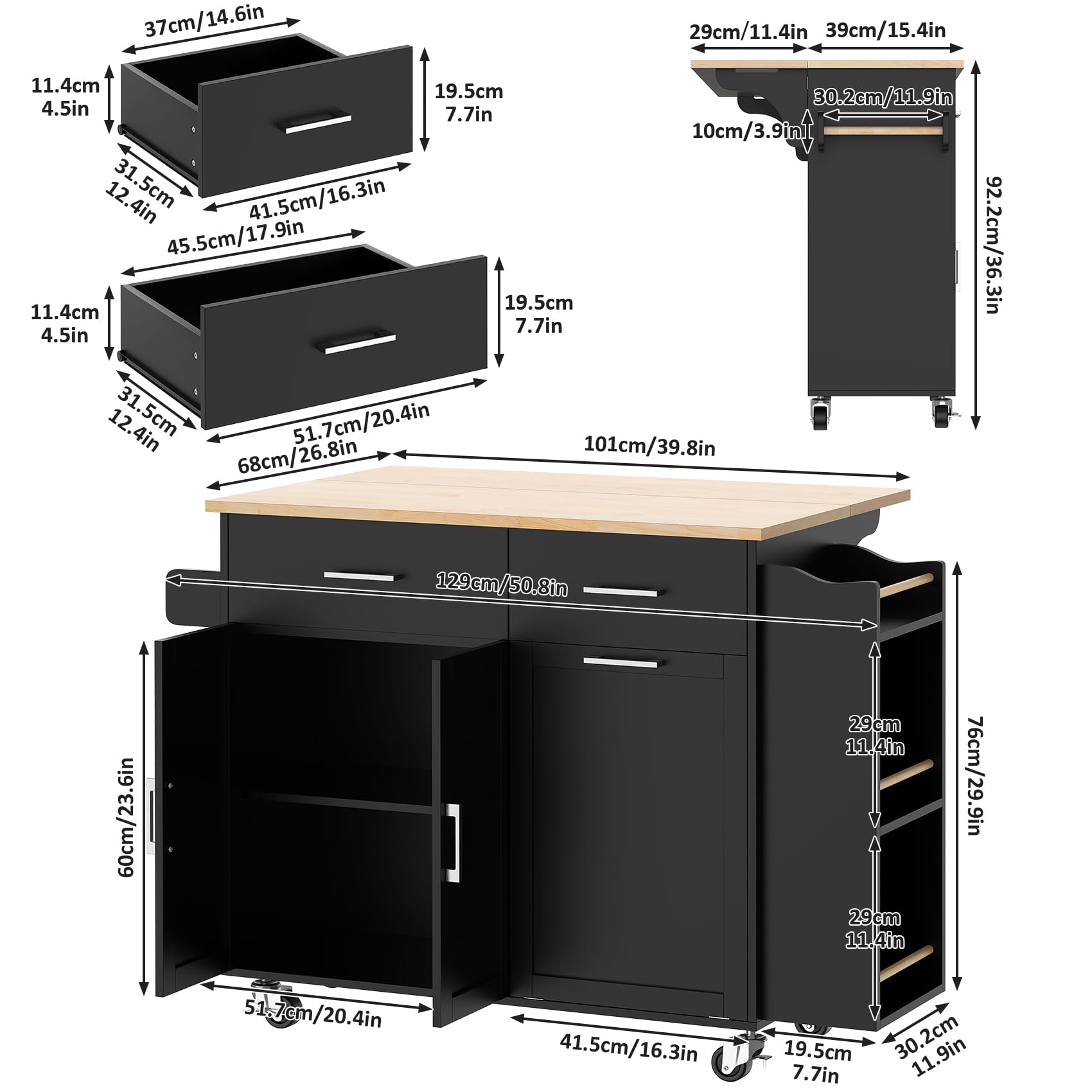 Bigbiglife Rolling Kitchen Island with 2 Drawers, Island Table for Kitchen with Drop Leaf, Kitchen Island Cart with Trash Storage Cabinet, Mobile Buffet Cabinet for Kitchen, Dining Room, Living Room